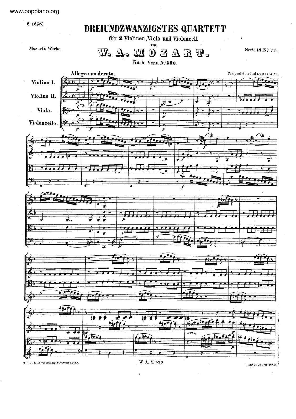 String Quartet No. 23 In F Major, K. 590ピアノ譜