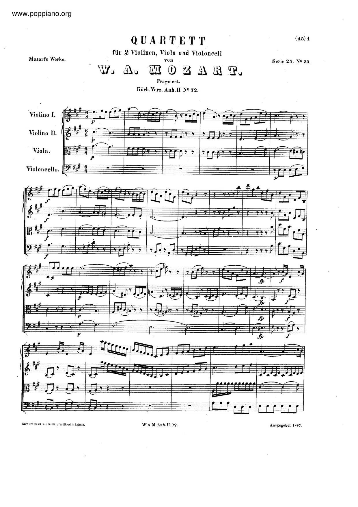 String Quartet, K. Anh. 72琴譜