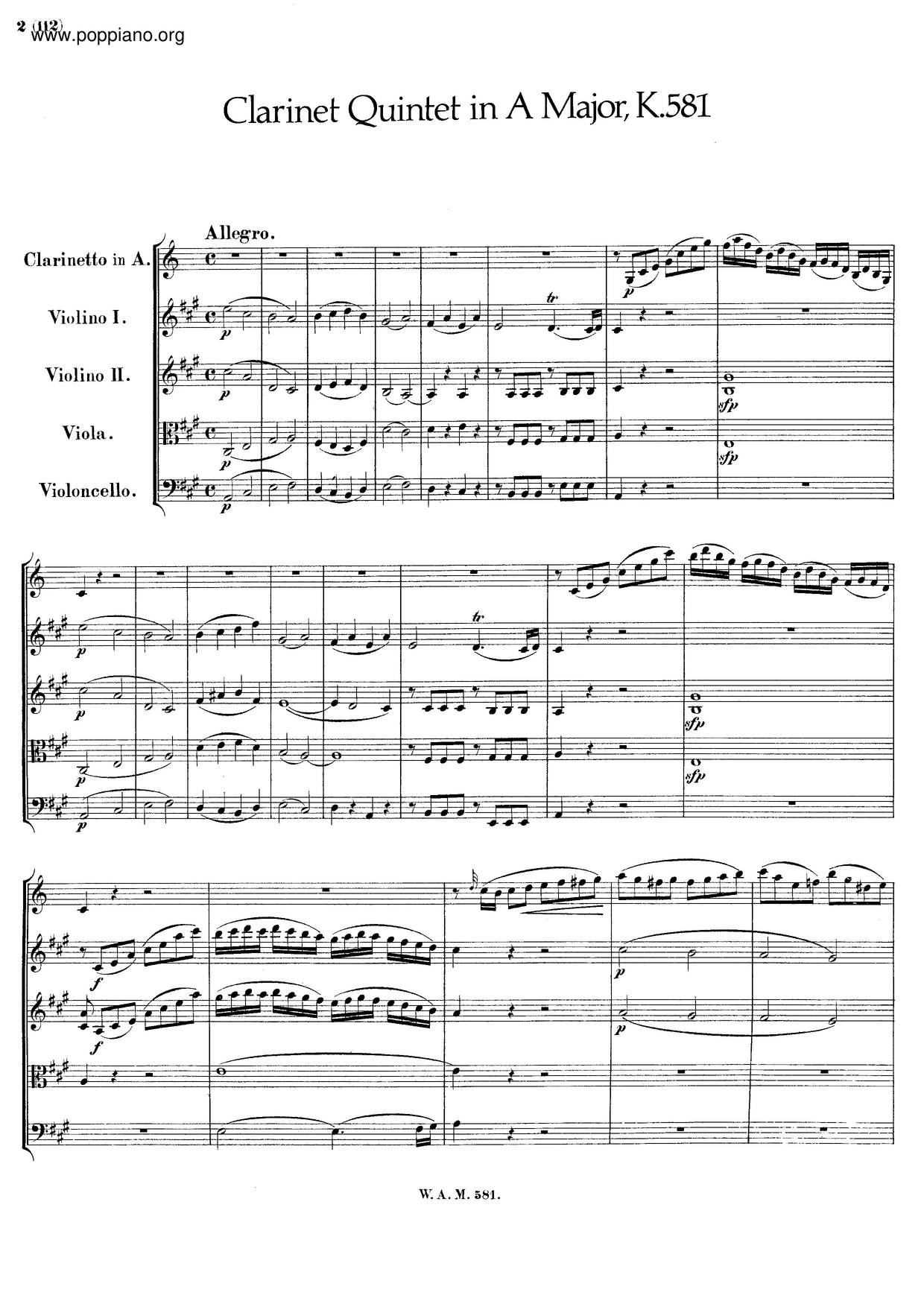 Clarinet Quintet In A Major, K. 581ピアノ譜