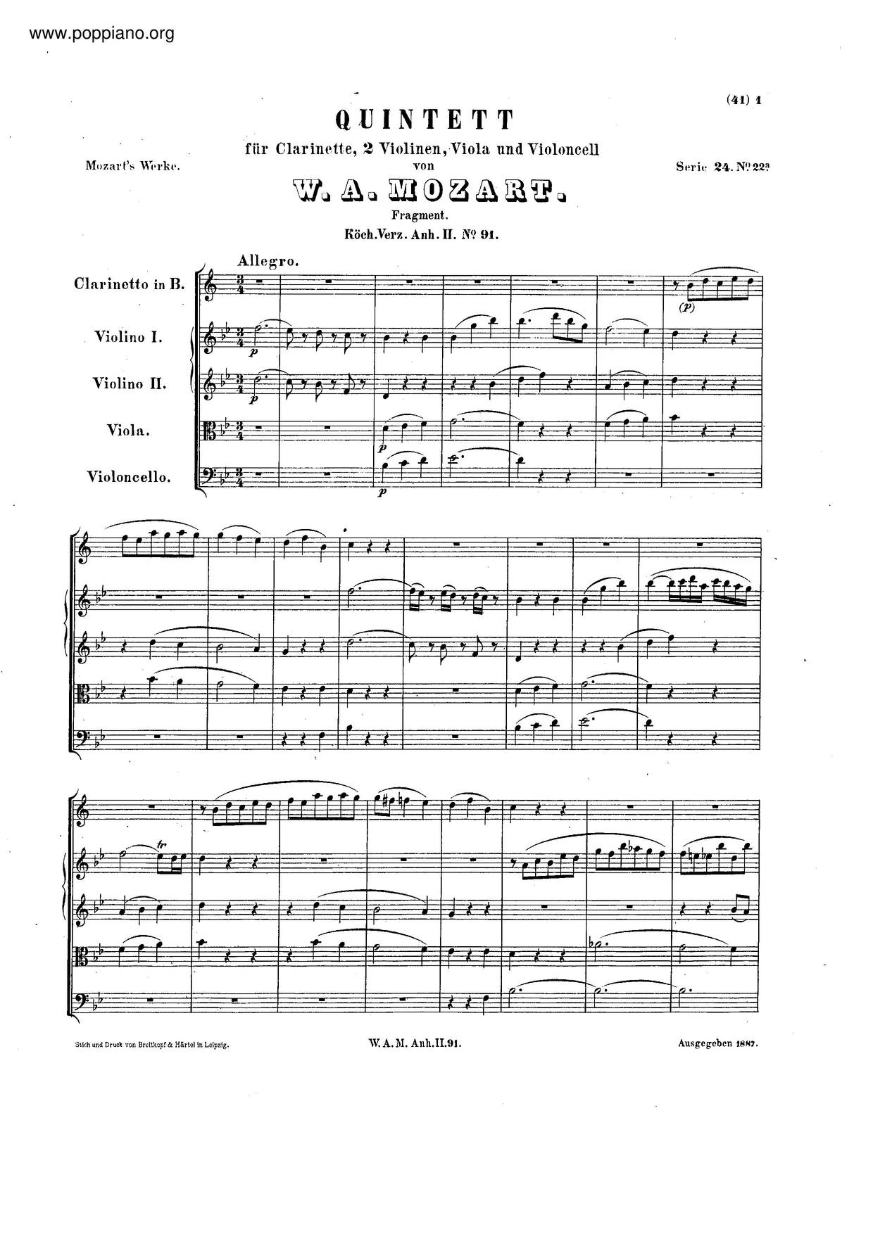 Clarinet Quintet, K. Anh. 91琴谱