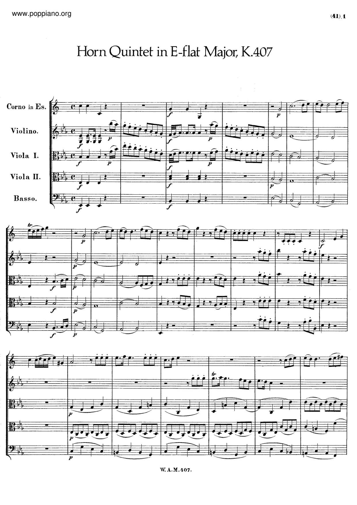 Horn Quintet In E-Flat Major, K. 407/386Cピアノ譜