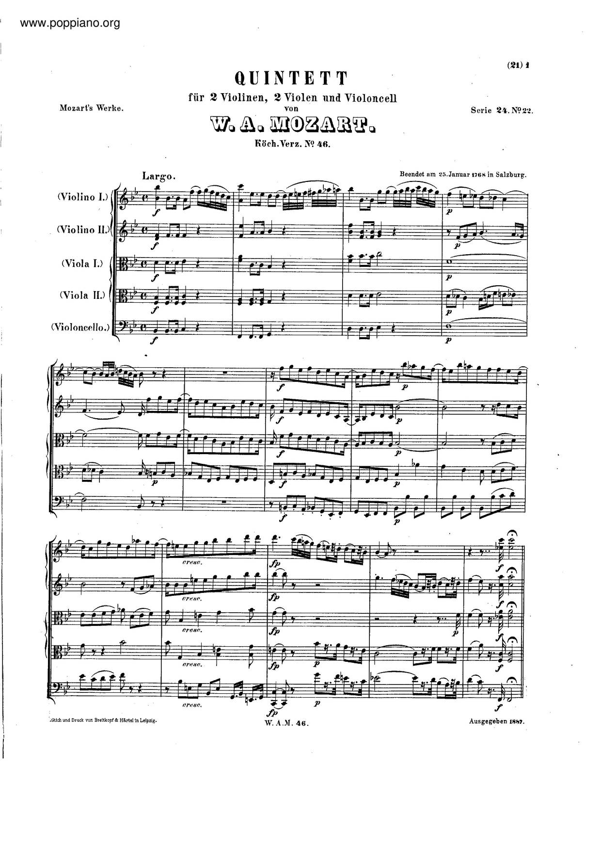Quintet In B-Flat Major, K. 46琴谱
