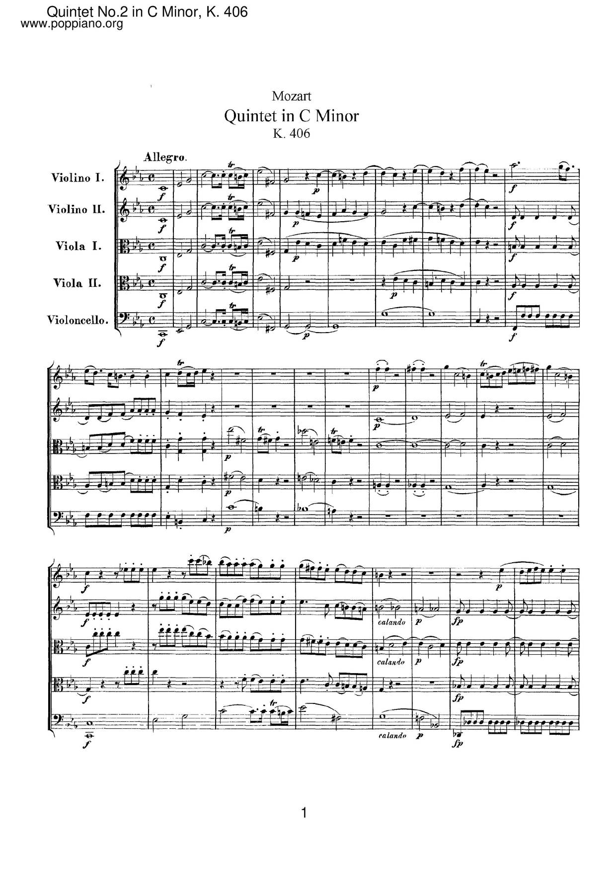 String Quintet No. 2 In C Minor, K. 406/516B琴譜