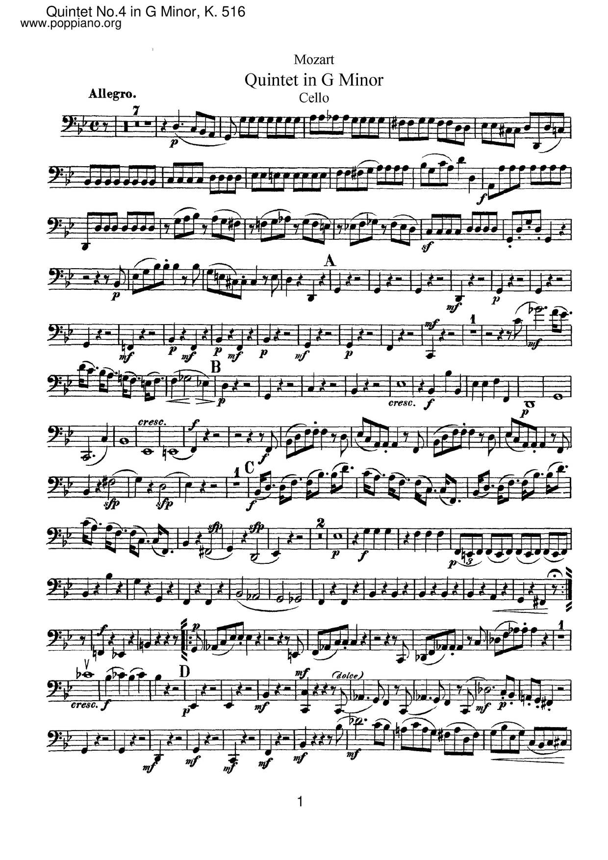 String Quintet No. 4 In G Minor, K. 516琴譜