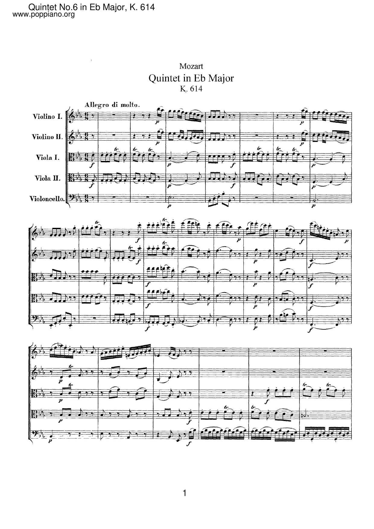 String Quintet No. 6 In E Flat Major, K. 614 Score