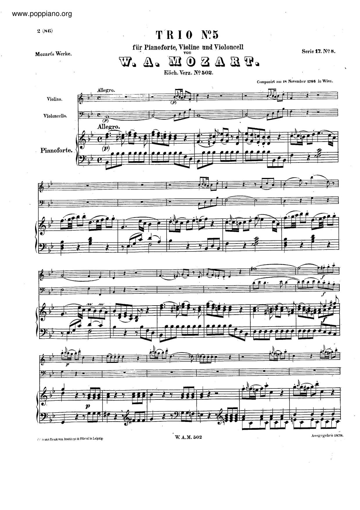 Piano Trio In B-Flat Major, K. 502ピアノ譜