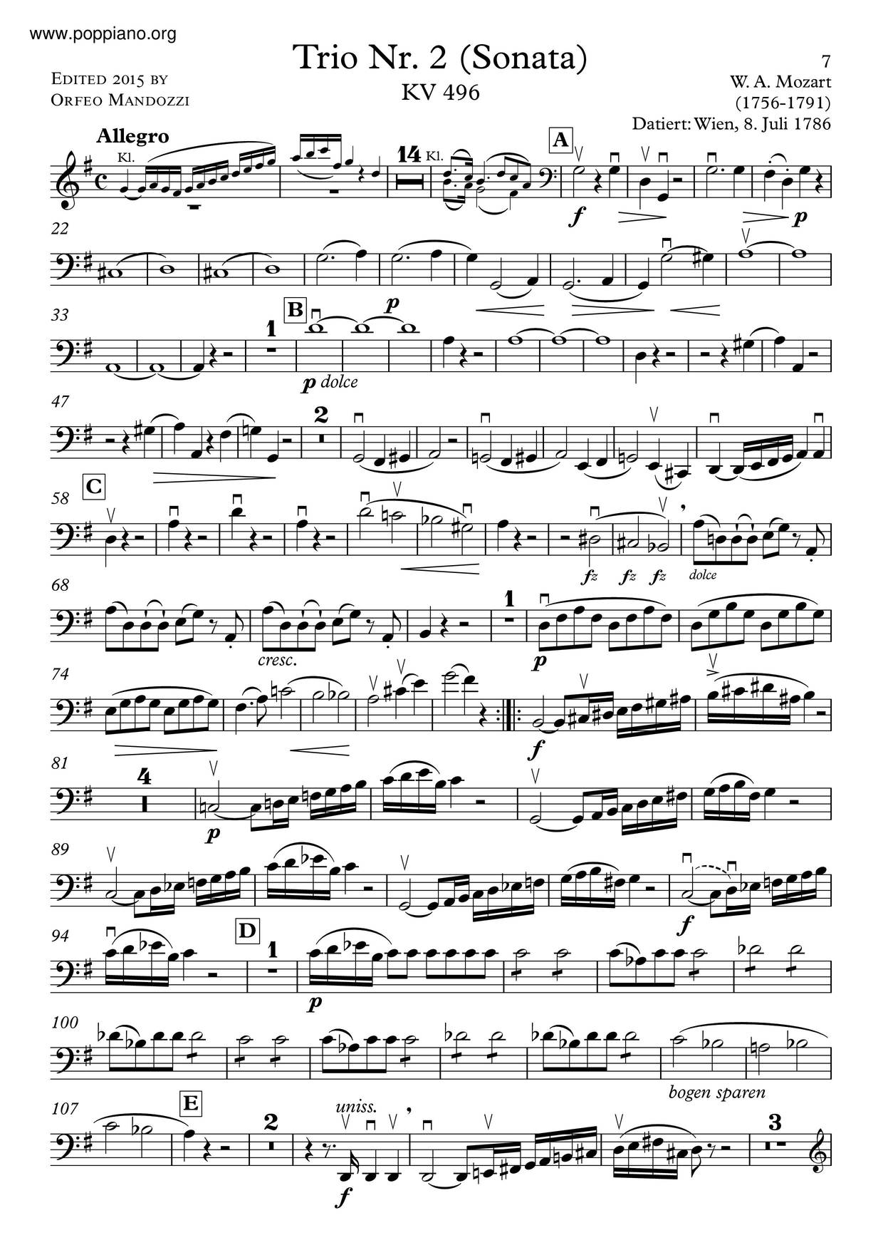 Piano Trio In G Major, K. 496琴谱