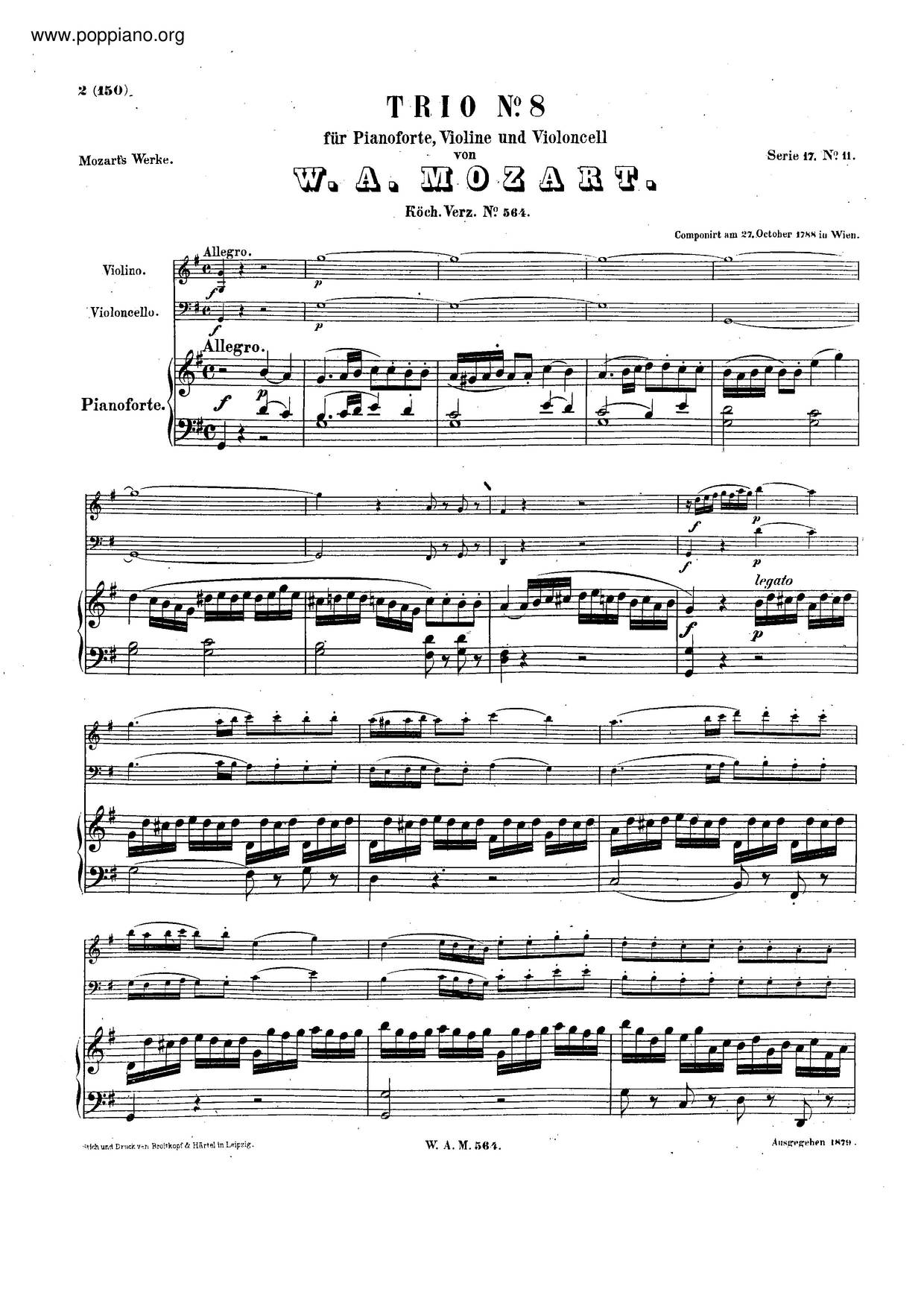 Piano Trio In G Major, K. 564ピアノ譜