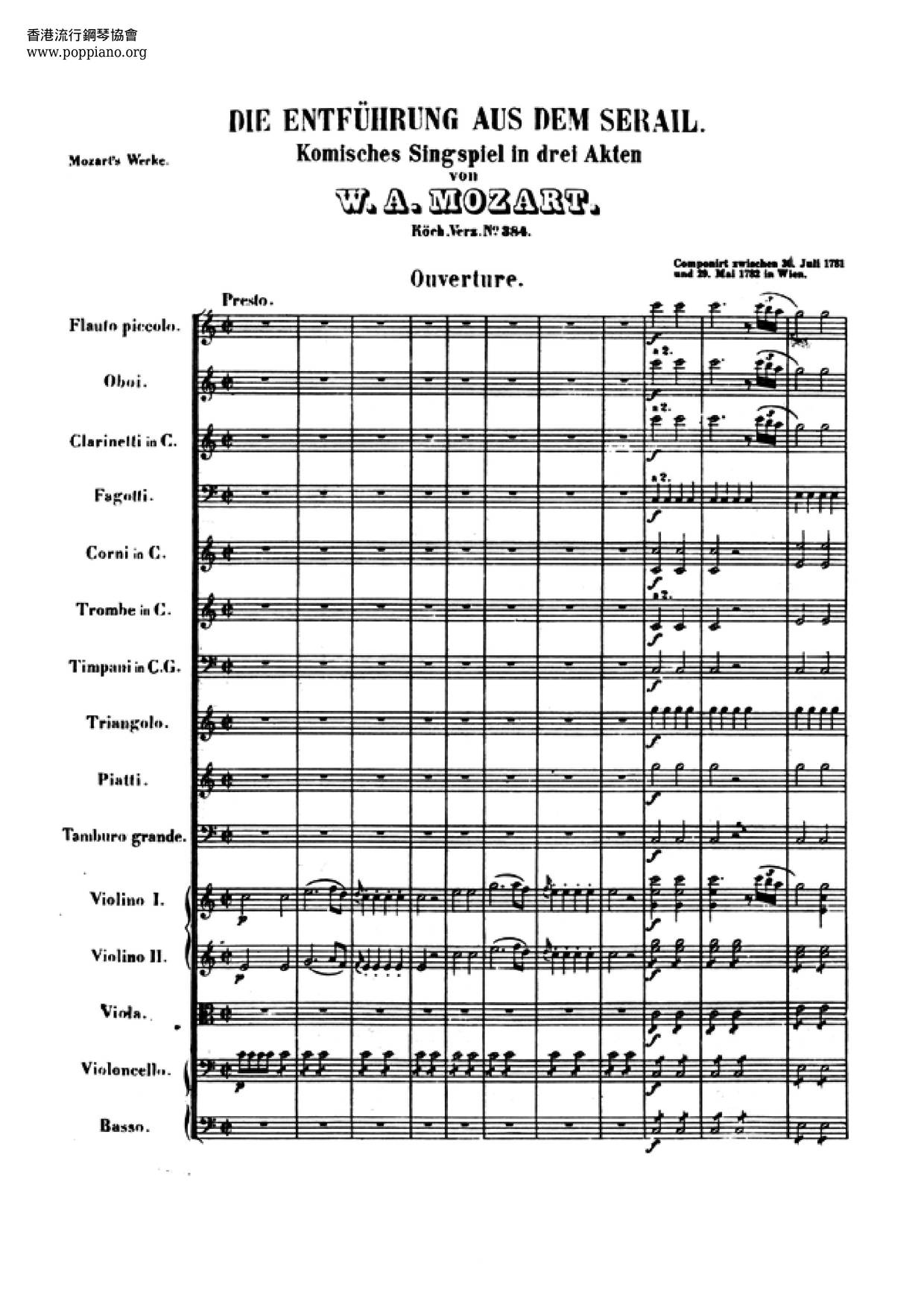 Die Entführung Aus Dem Serail, K. 384 Score