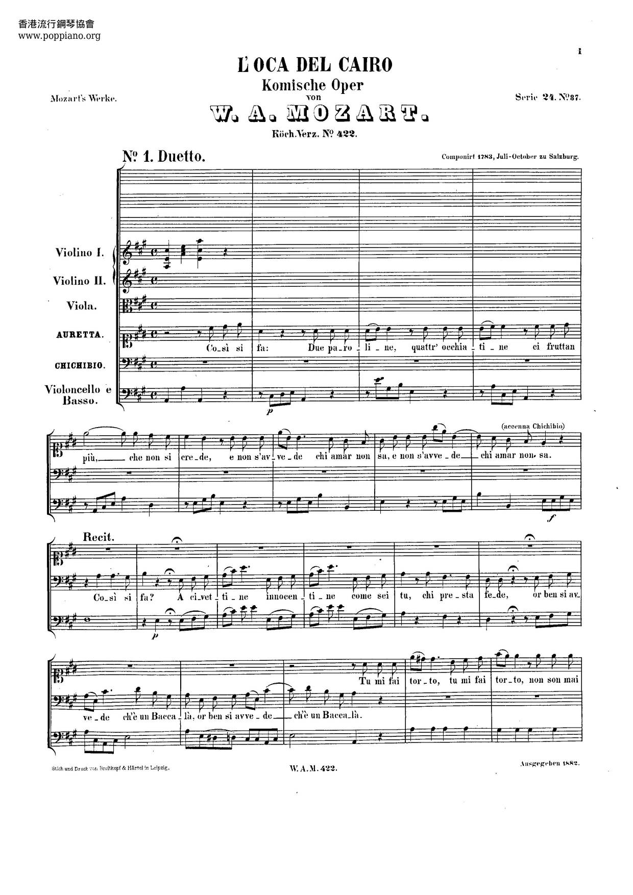 L'oca Del Cairo, K. 422琴谱