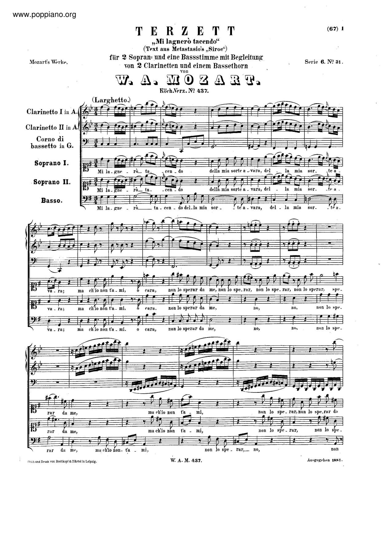 Mi Lagnerò Tacendo, K. 437ピアノ譜