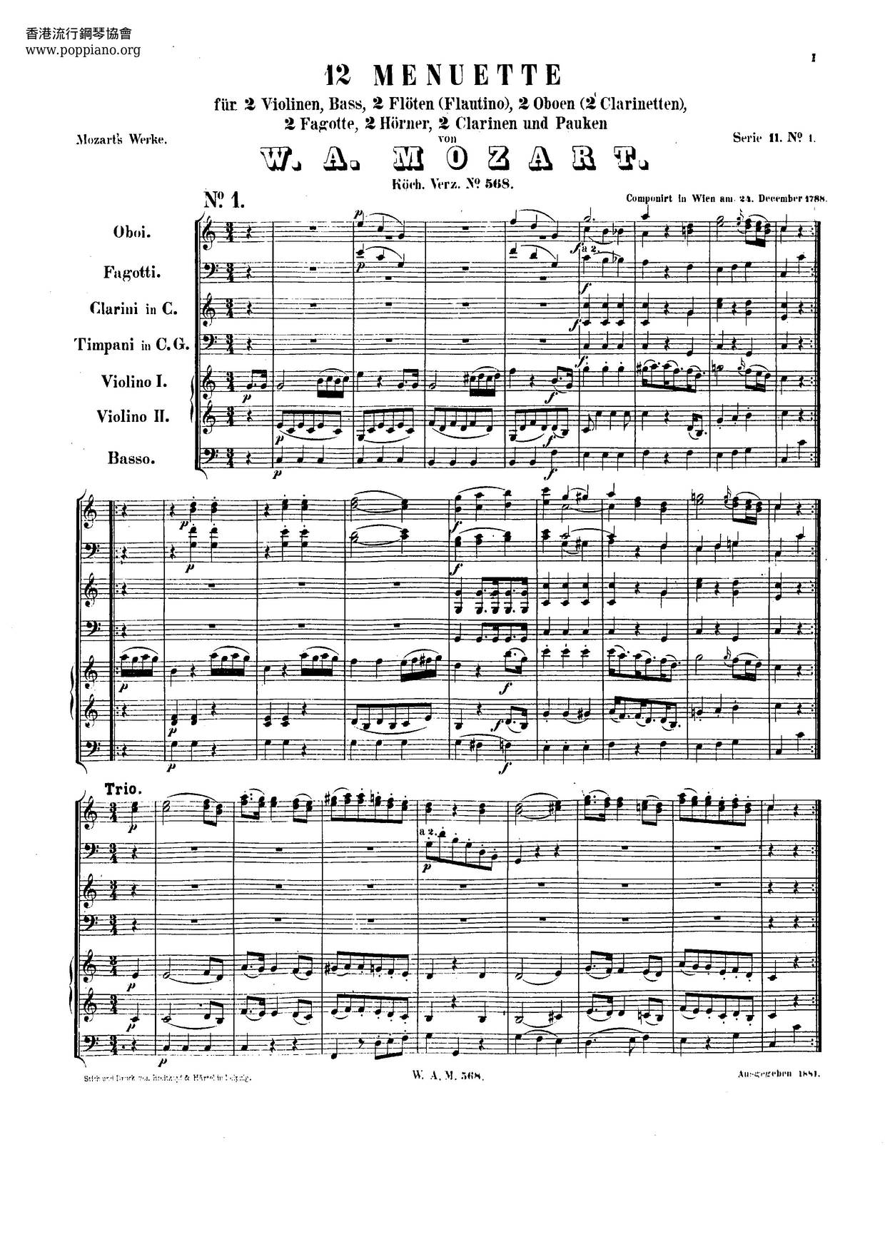 12 Minuets, K. 568 Score