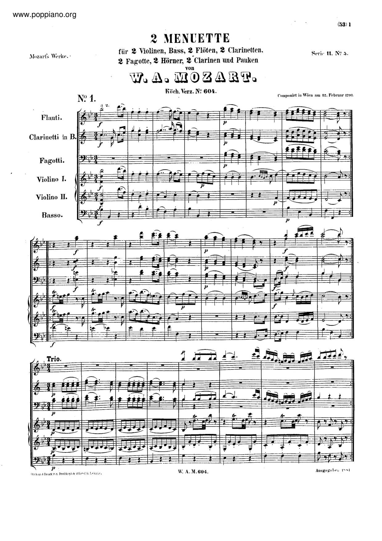 2 Minuets, K. 604 Score
