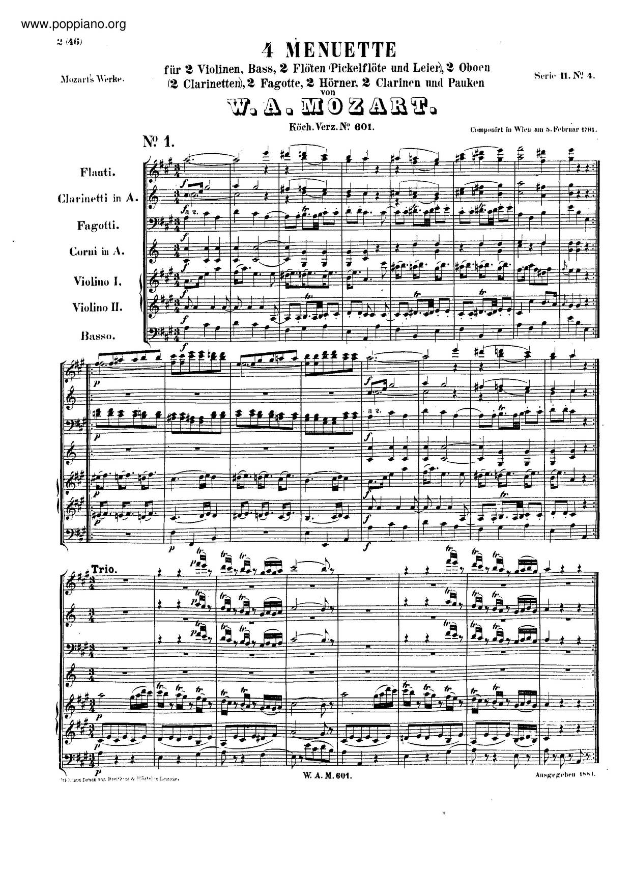 4 Minuets, K. 601 Score