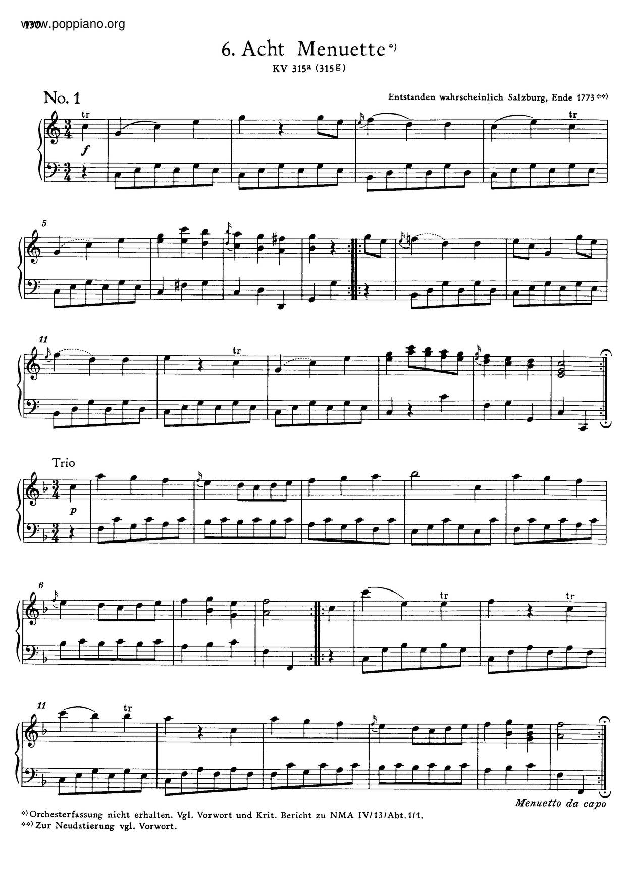 8 Minuets, K. 315A/315Gピアノ譜