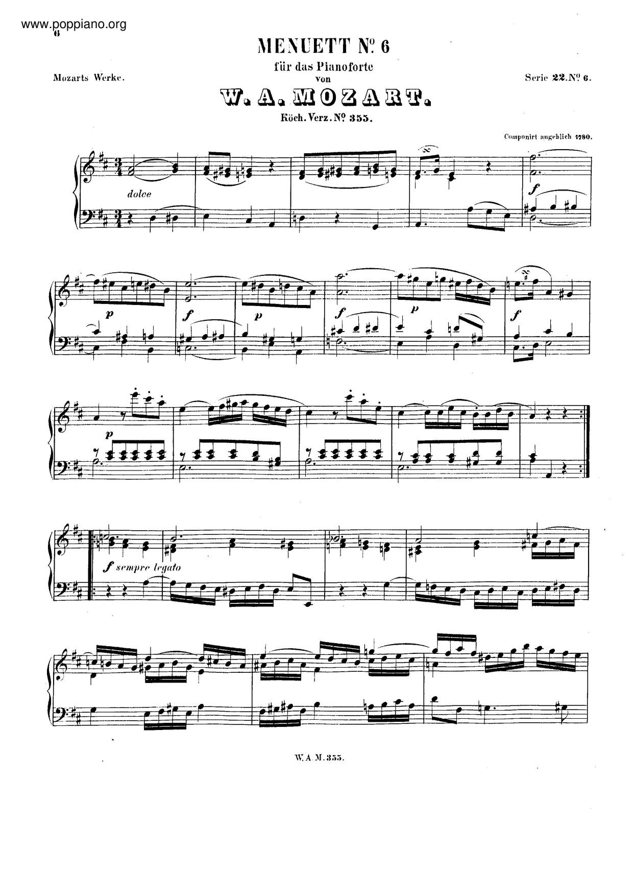 Minuet In D Major, K. 355/576Bピアノ譜