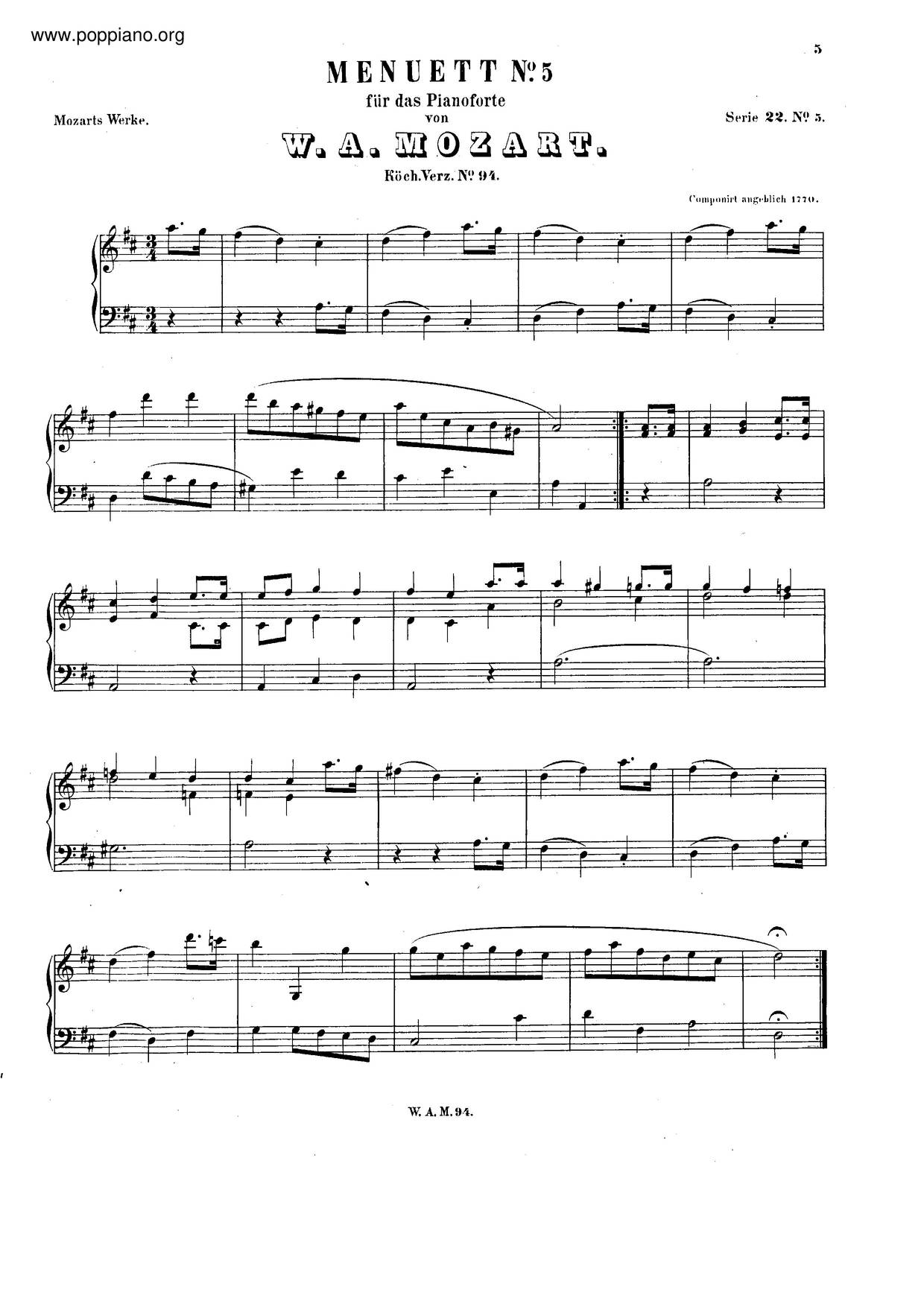 Minuet In D Major, K. 94/73Hピアノ譜