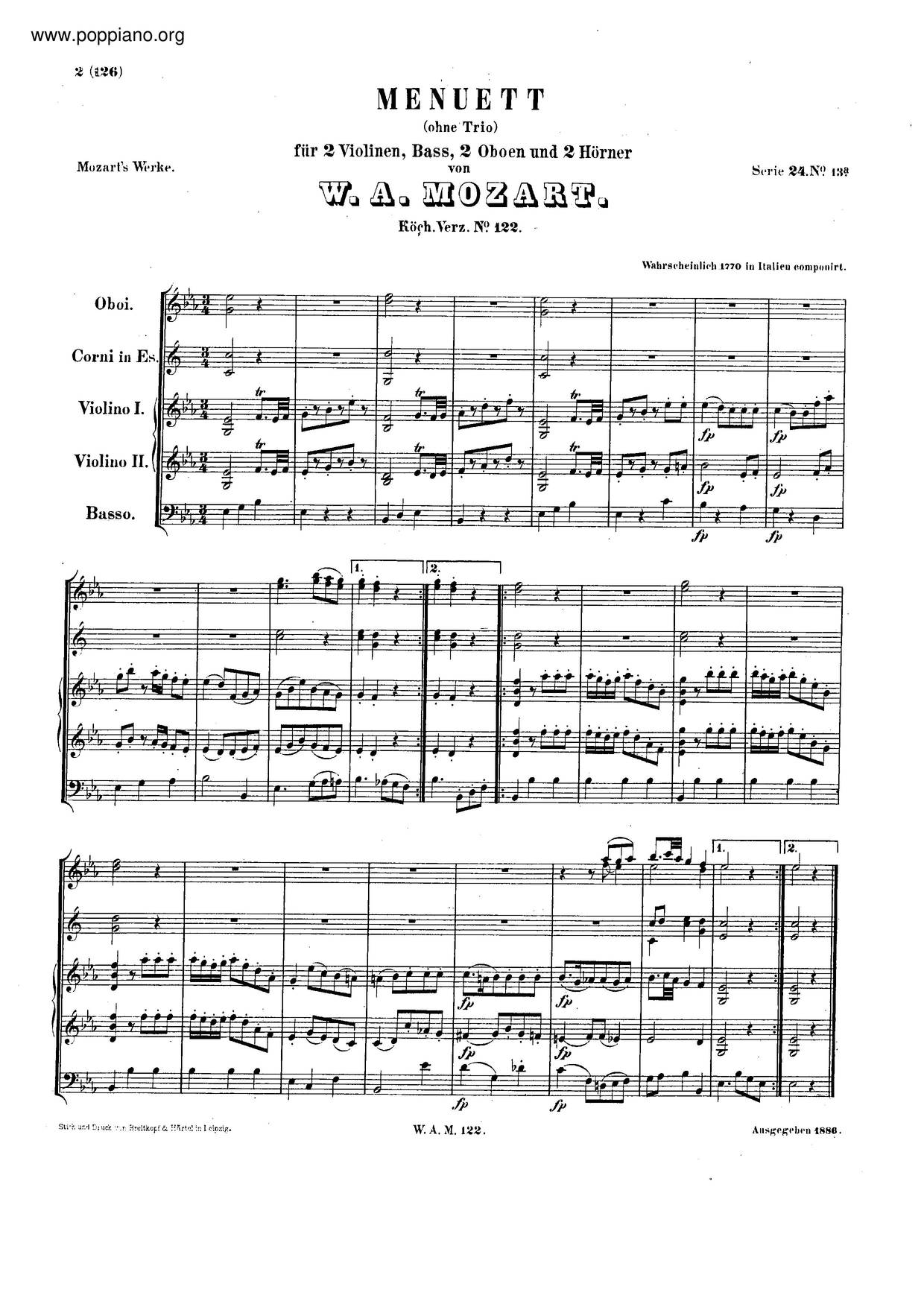 Minuet In E-Flat Major, K. 122/K.73T琴谱
