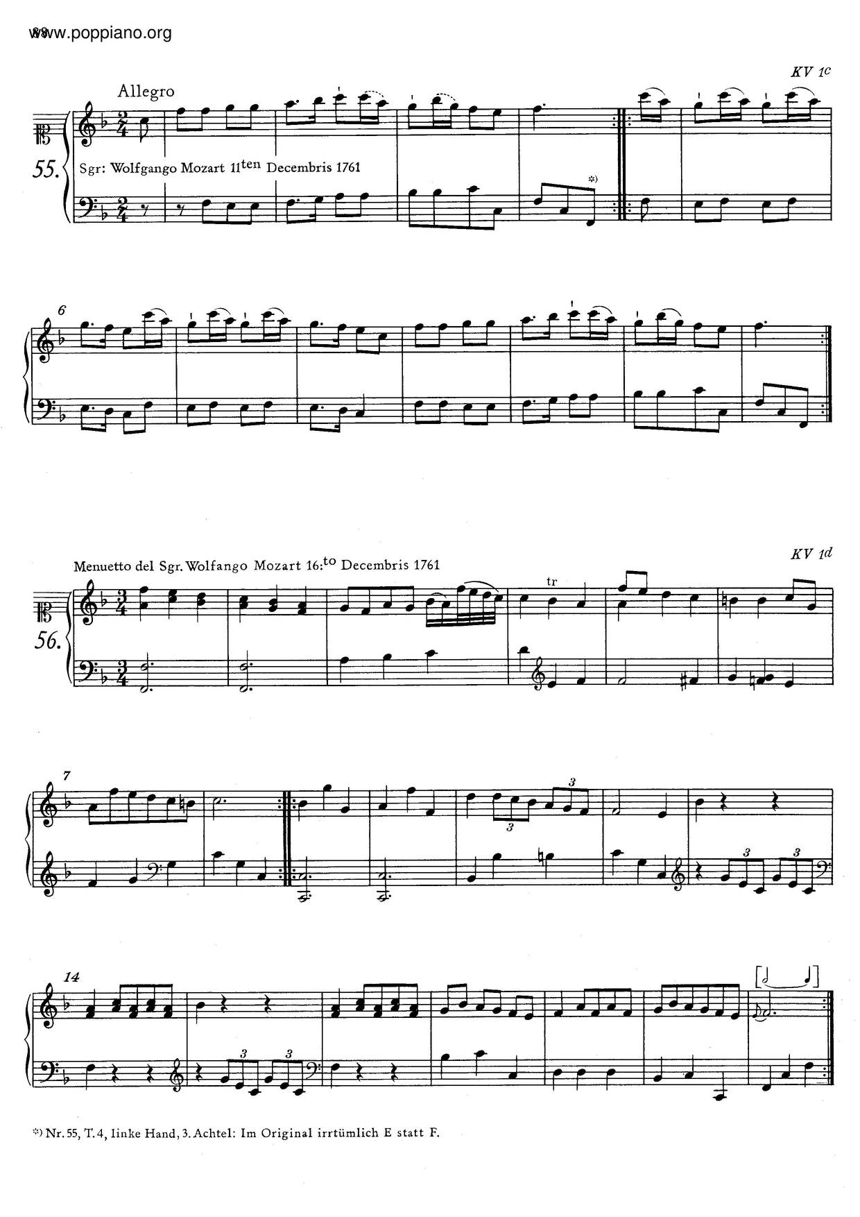 Minuet In F Major, K. 1Dピアノ譜