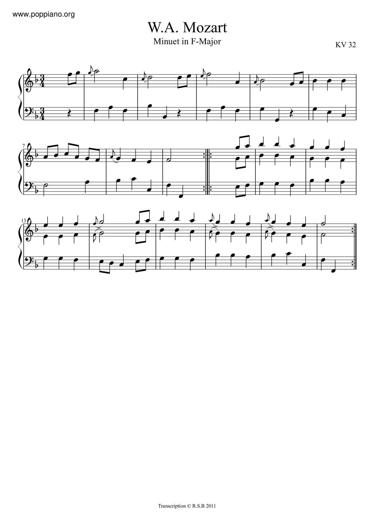 Minuet In F Major, K. Anh. 32 Score