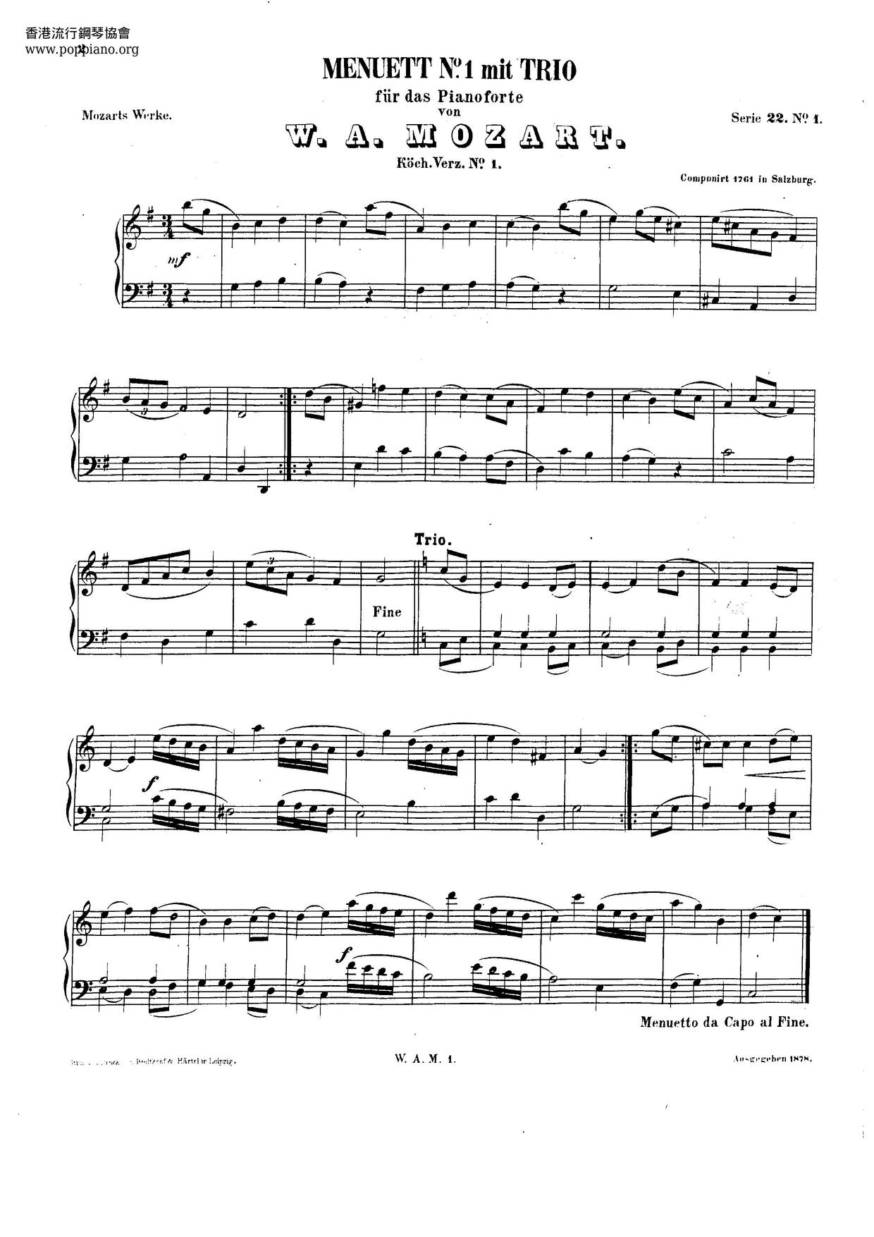 Minuet In G Major, K. 1/1Eピアノ譜
