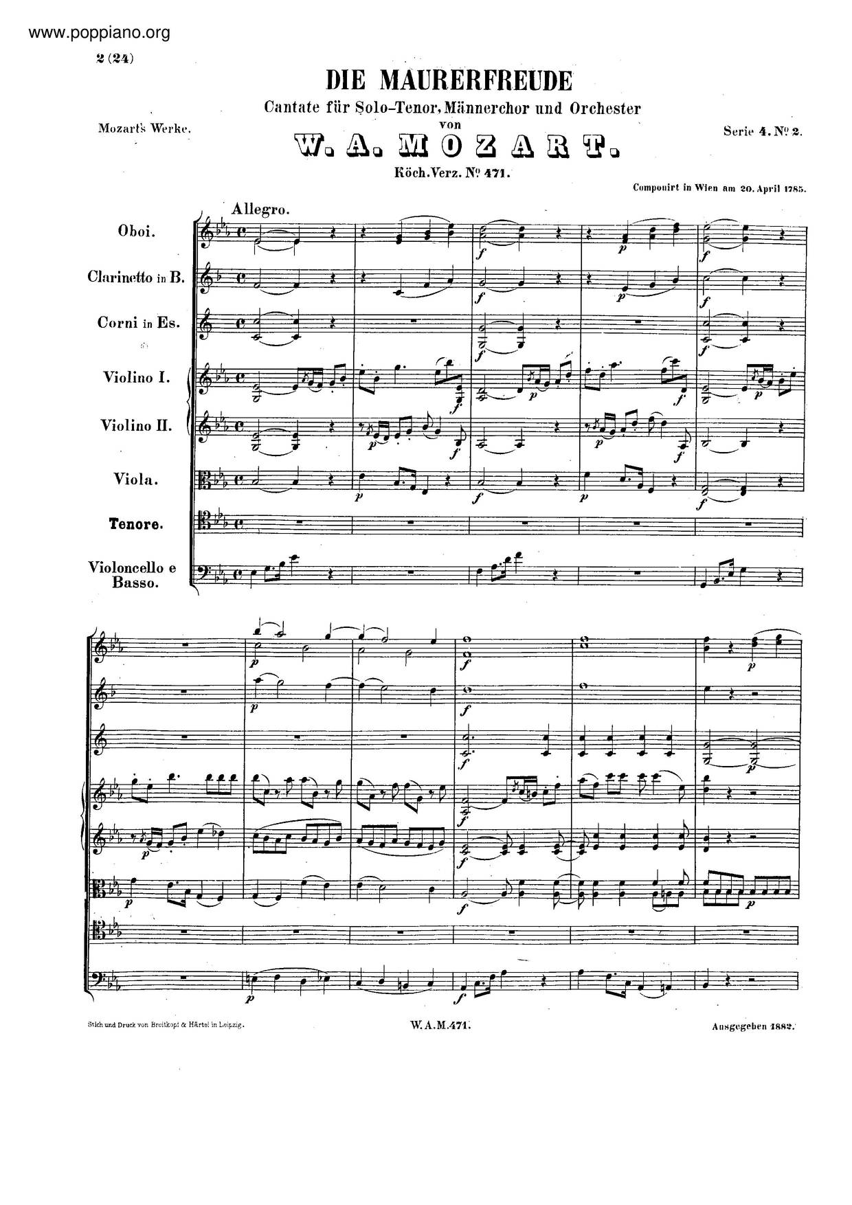 Die Maurerfreude, K. 471ピアノ譜