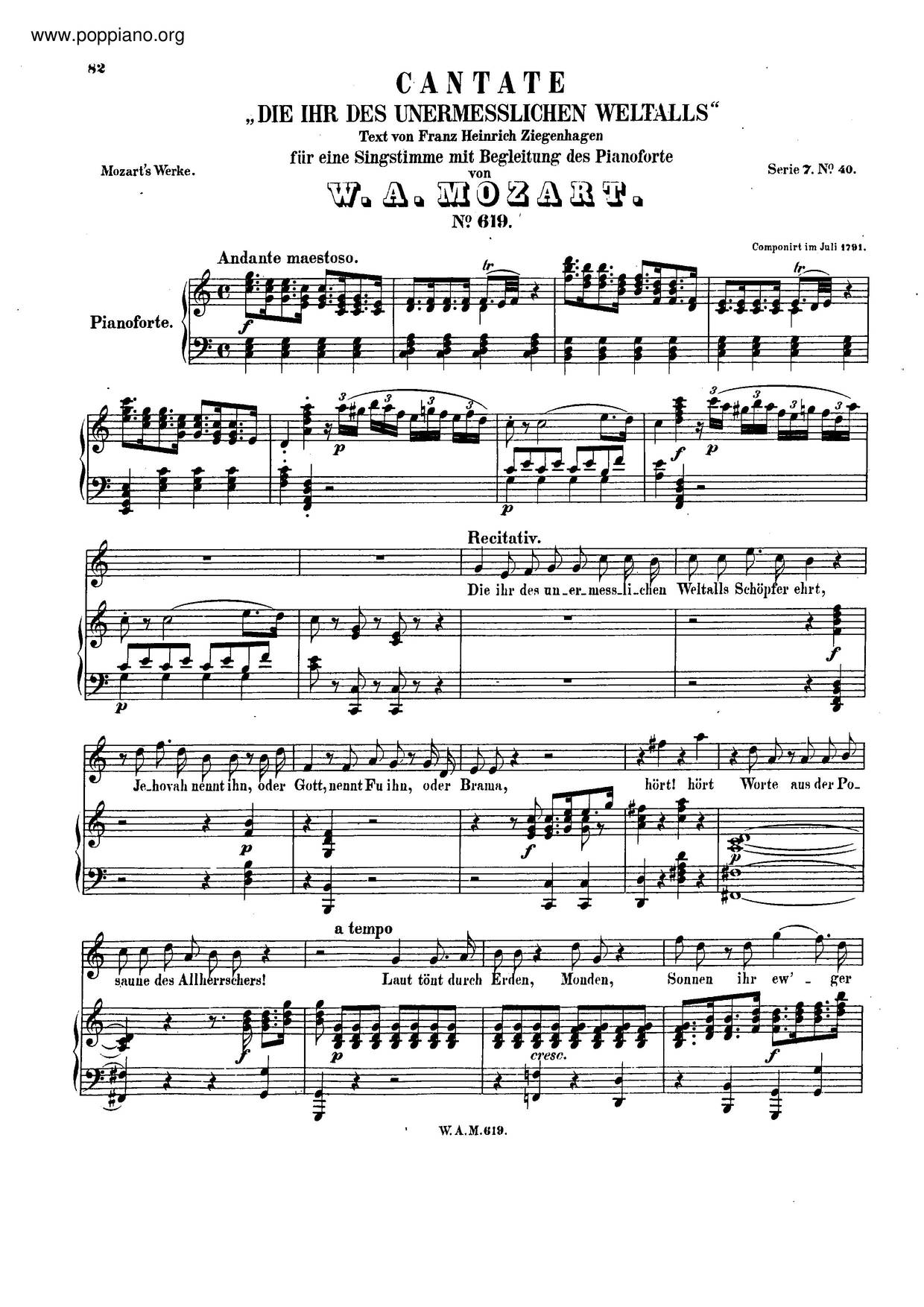 Die Ihr Des Unermeßlichen Weltalls, K. 619ピアノ譜