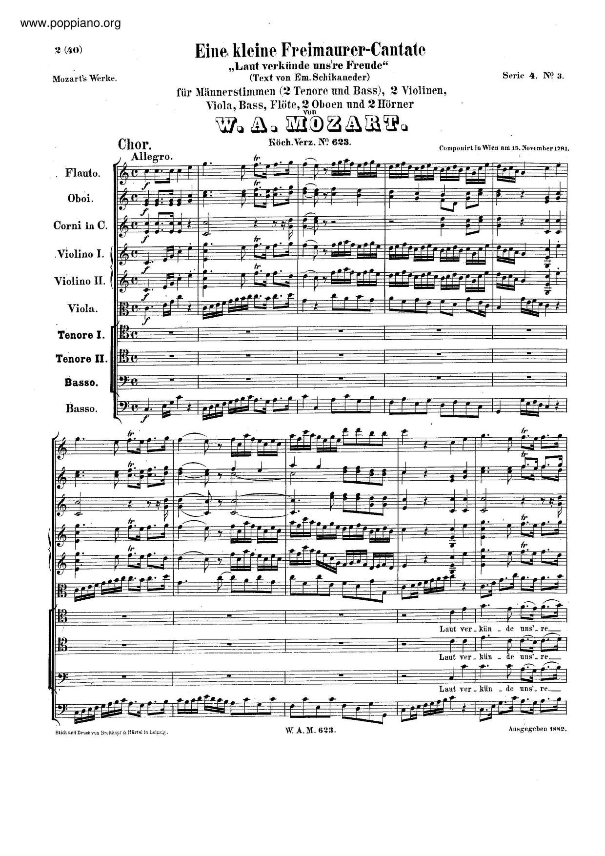 Laut Verkünde Unsre Freude, K. 623ピアノ譜