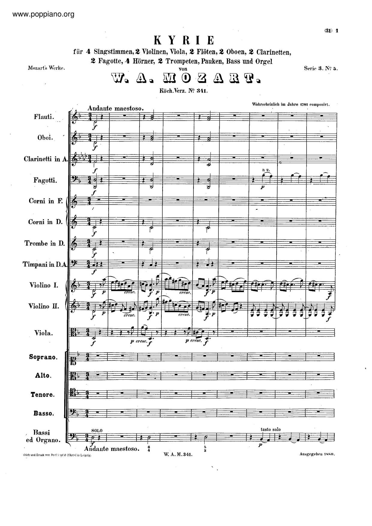 Kyrie In D Minor, K. 341/368A Score