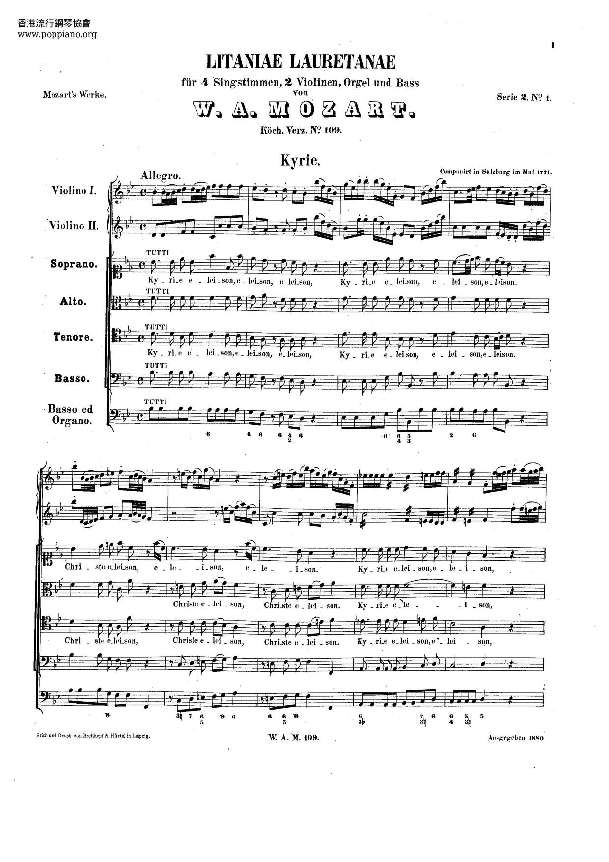 Litaniae Lauretanae, K. 109/74E Score