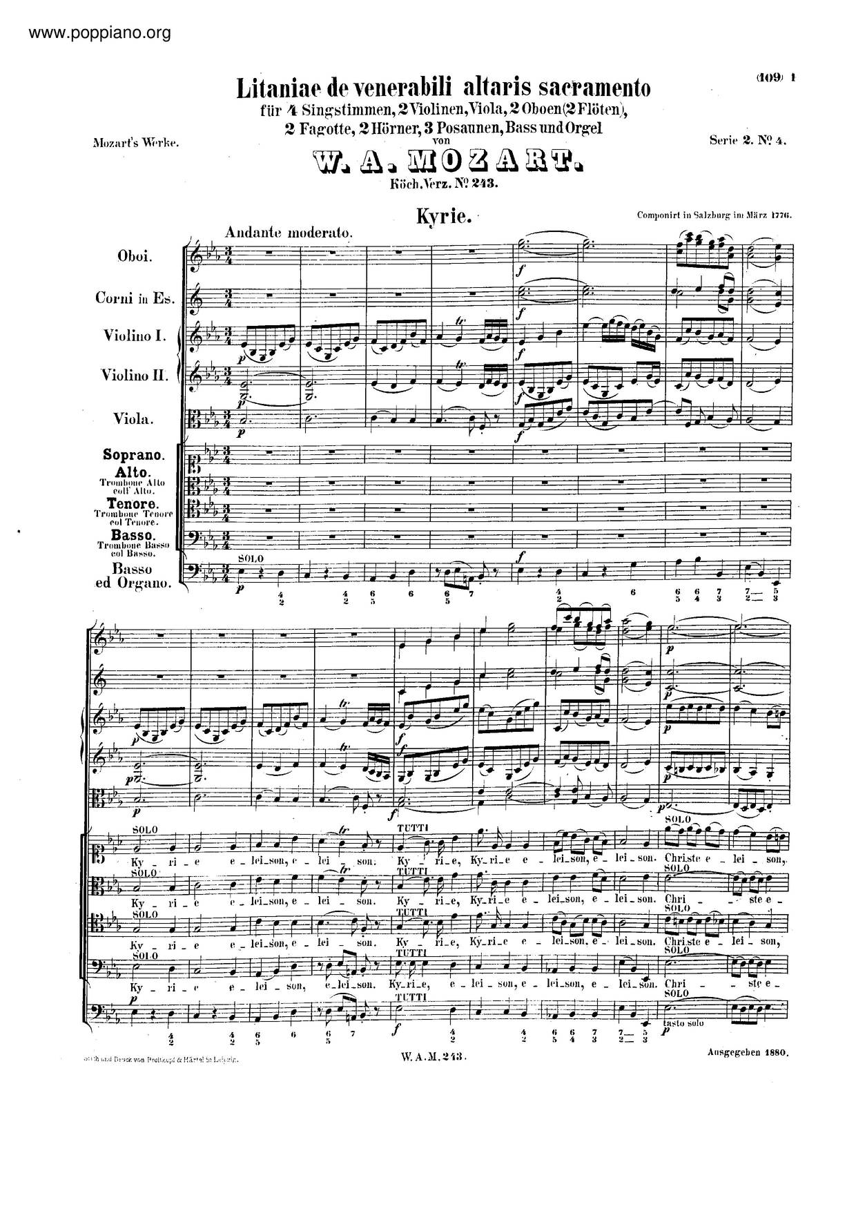 Litaniae De Venerabili Altaris Sacramento, K. 243ピアノ譜