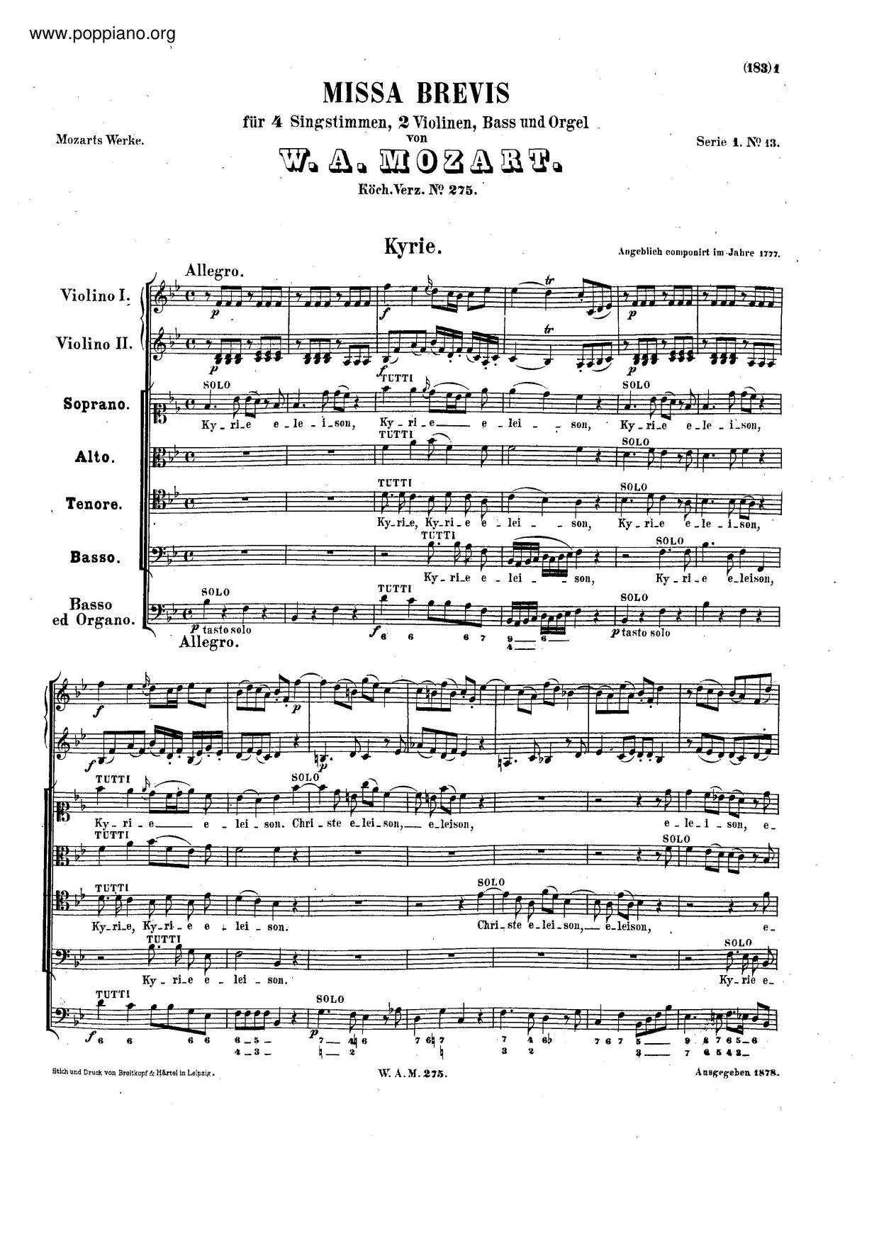 Missa Brevis In B-Flat Major, K. 275/272B琴谱