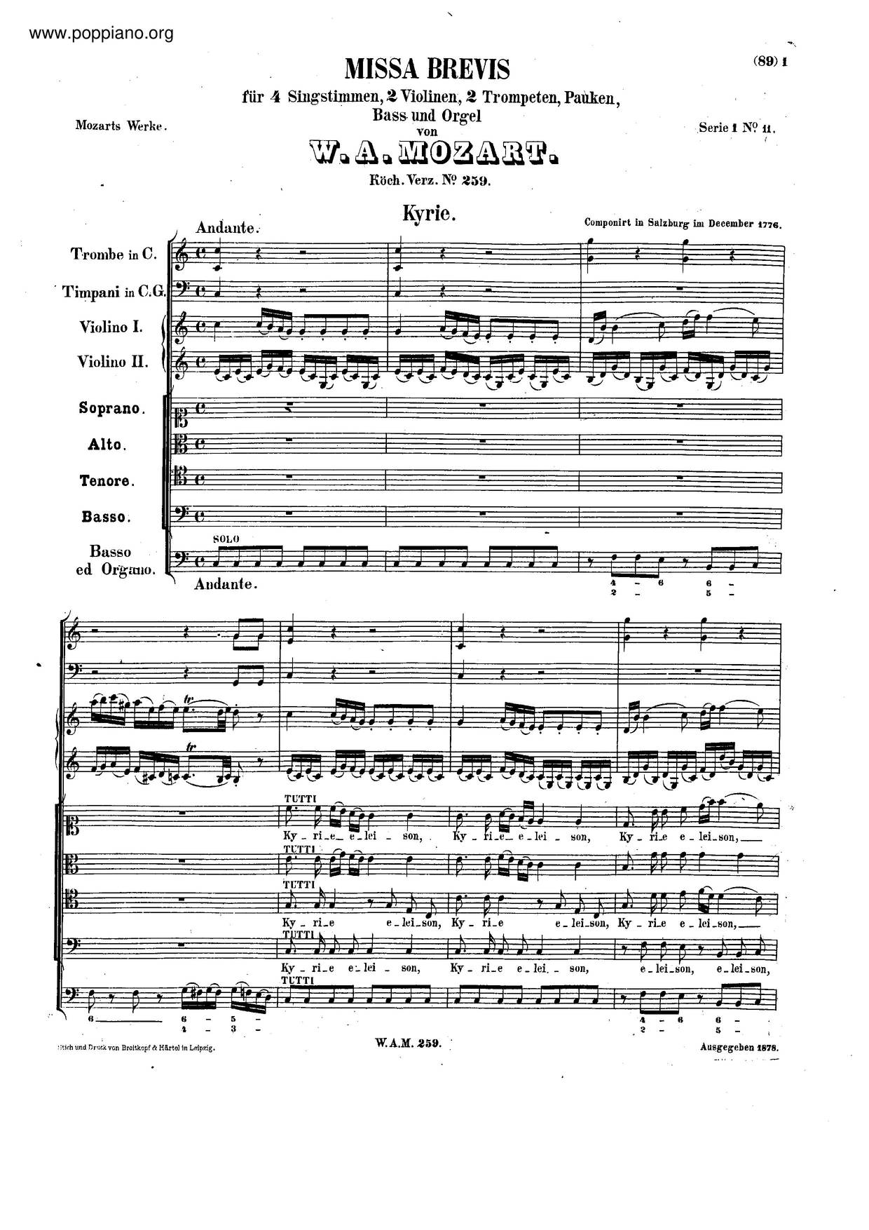 Missa Brevis In C Major, K. 259琴譜