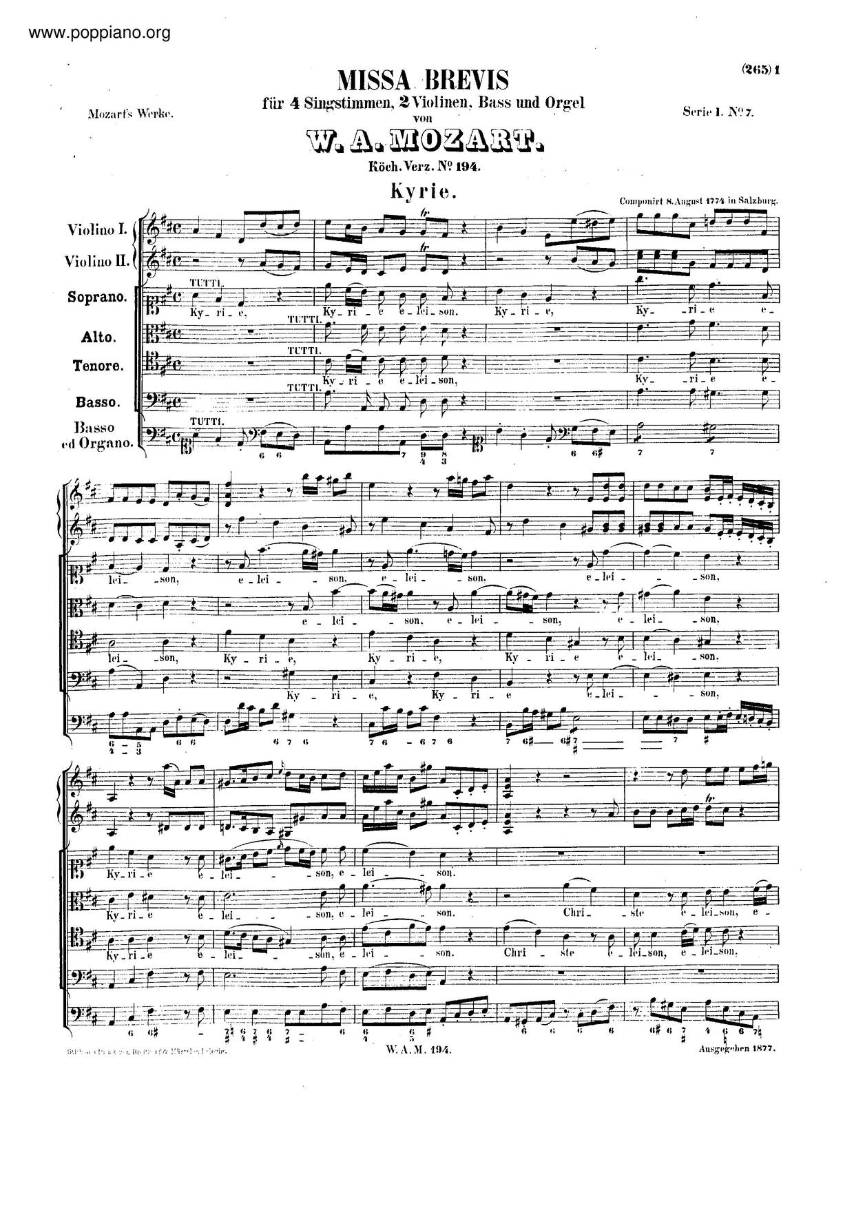 Missa Brevis In D Major, K. 194/186H Score