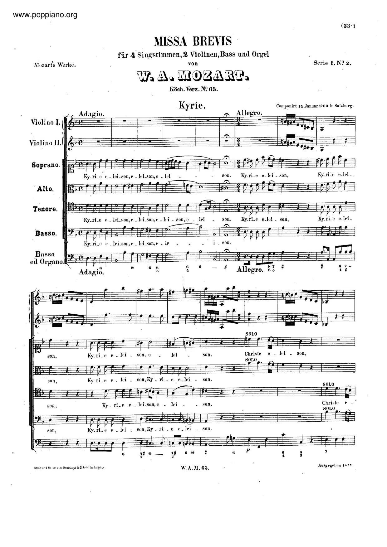 Missa Brevis In D Minor, K. 65/61A琴谱