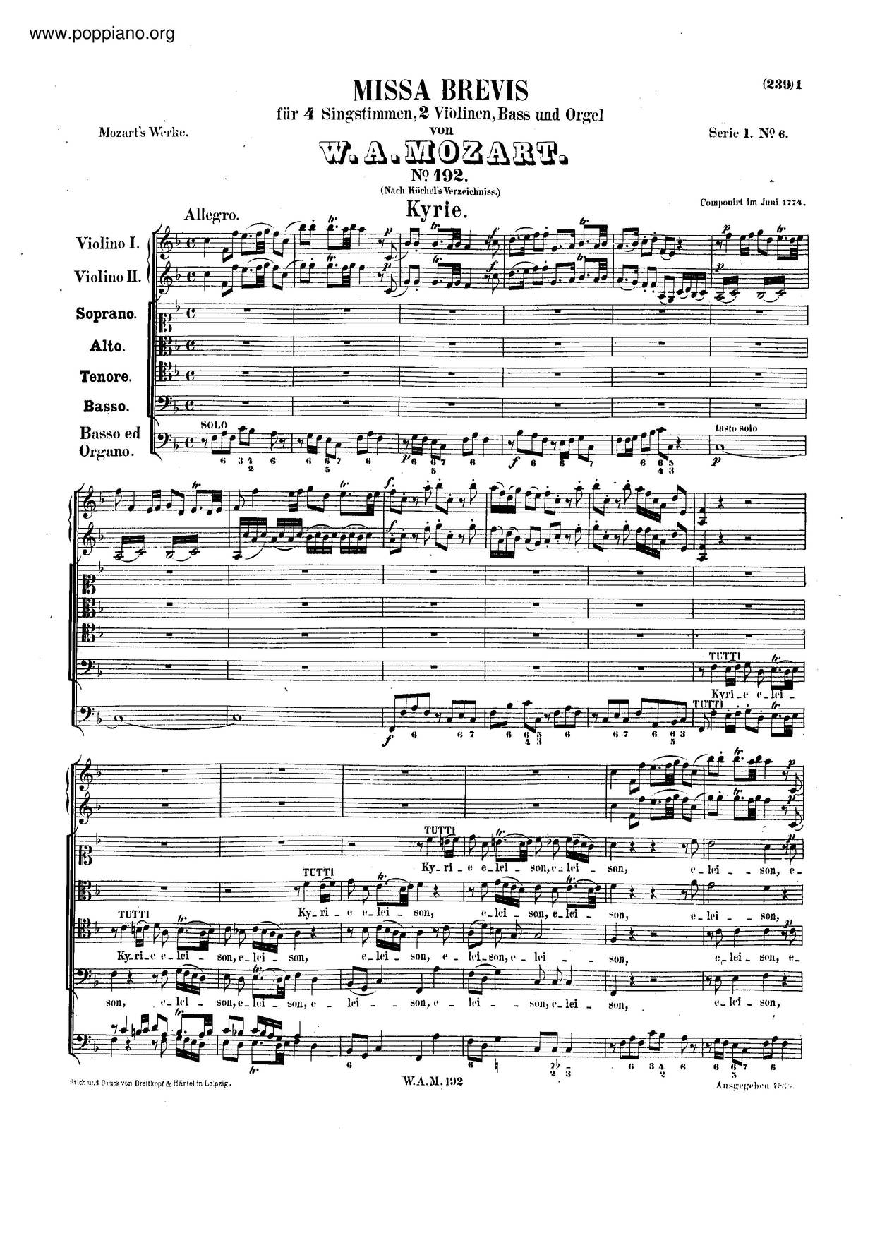 Missa Brevis In F Major, K. 192/186F Score