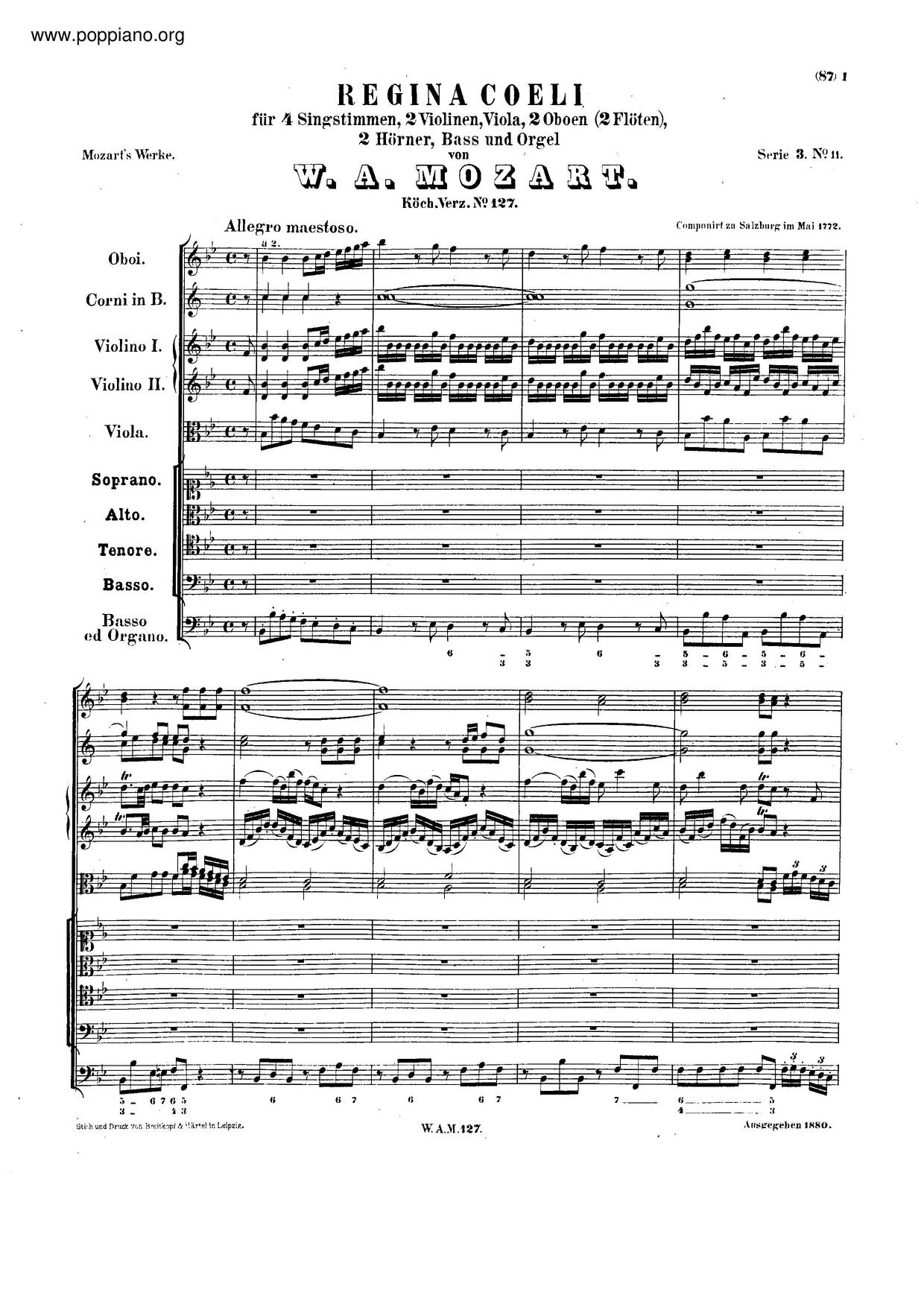 Regina Coeli In B-Flat Major, K. 127琴谱