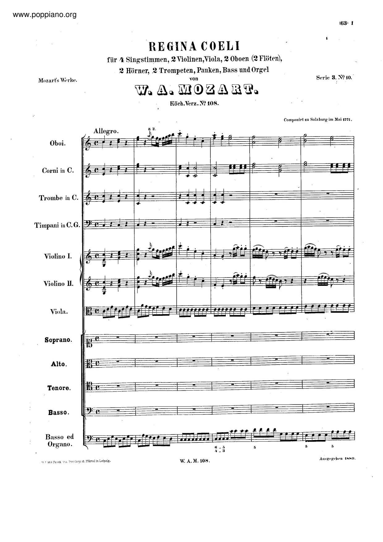 Regina Coeli In C Major, K. 108/74D琴譜