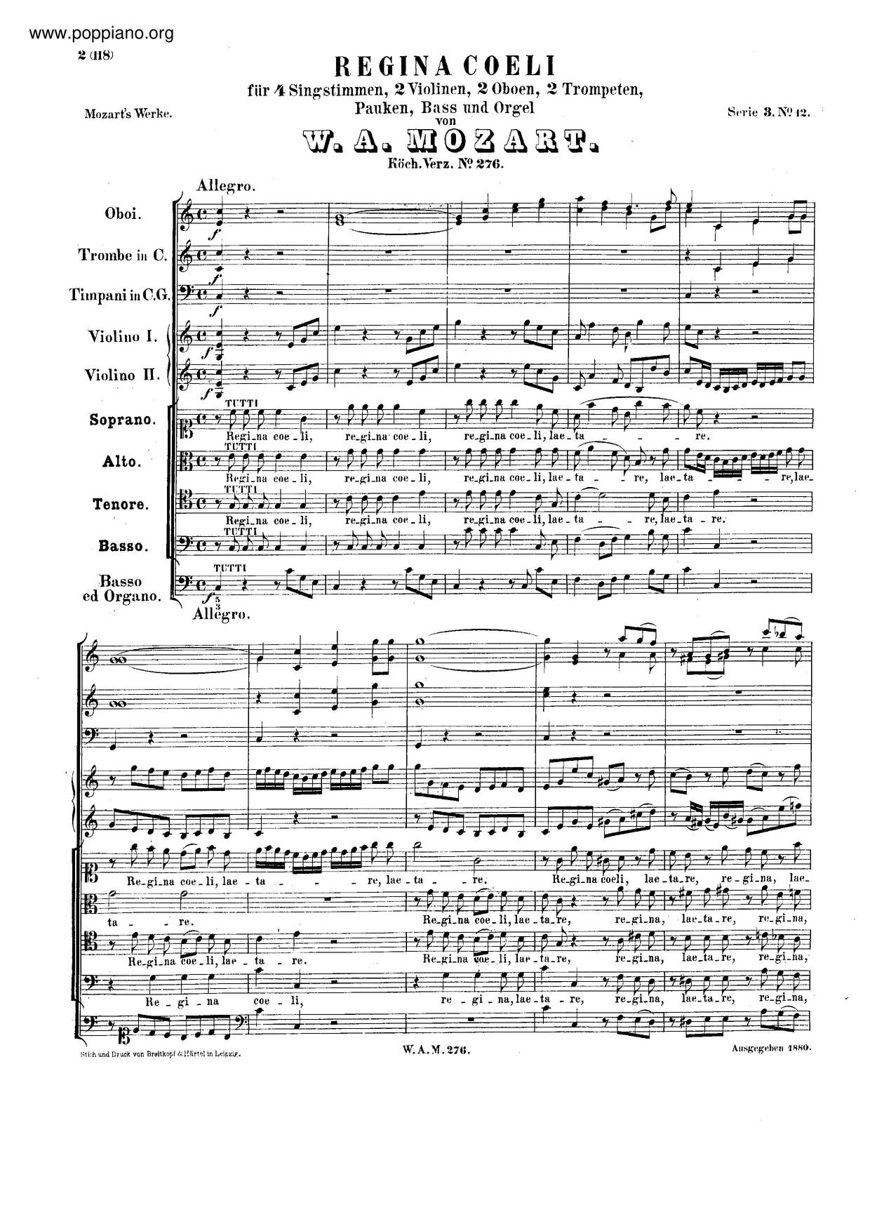 Regina Coeli In C Major, K. 276/321B琴谱