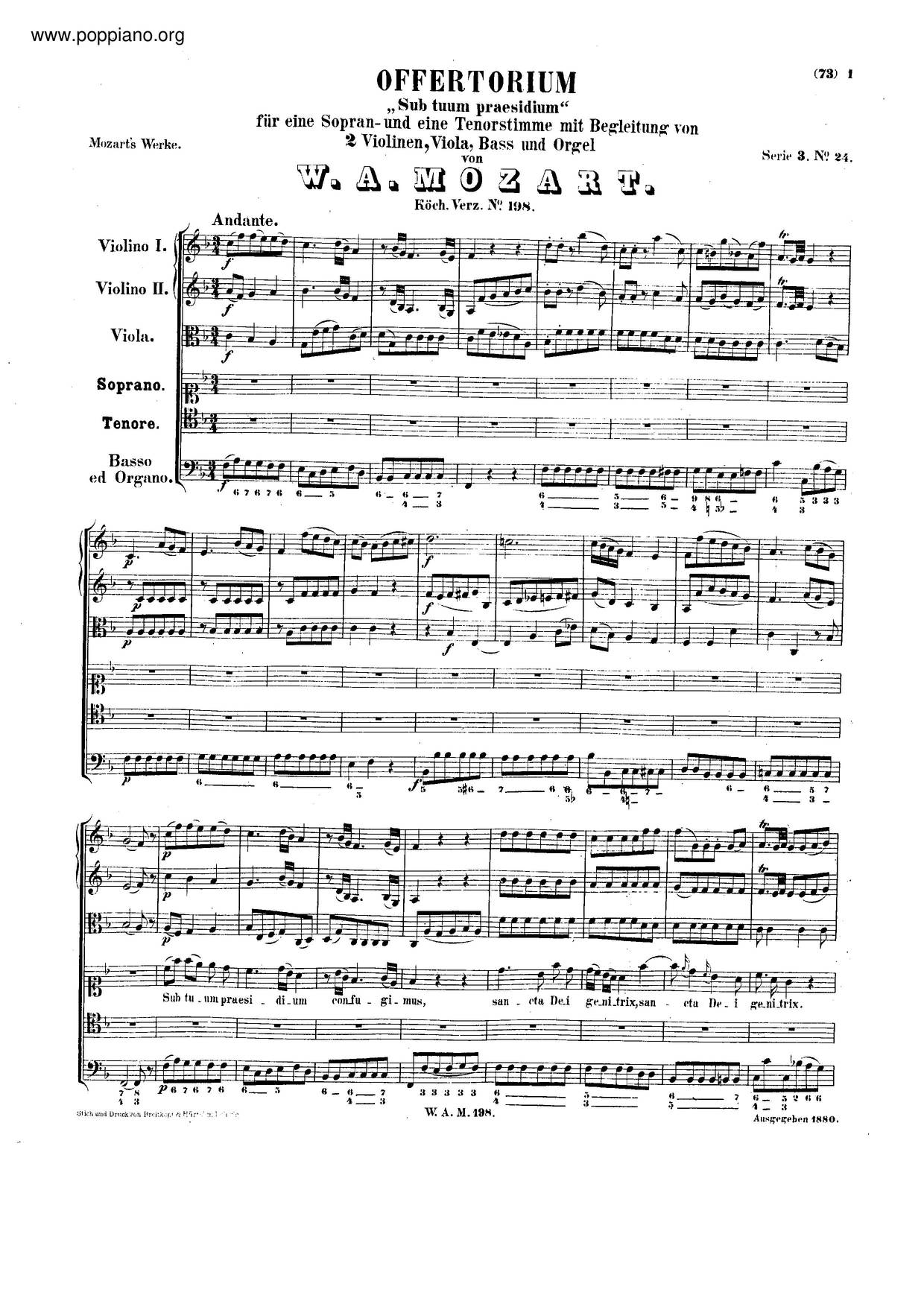 Sub Tuum Praesidium, K. 198/Anh. C 3.08ピアノ譜