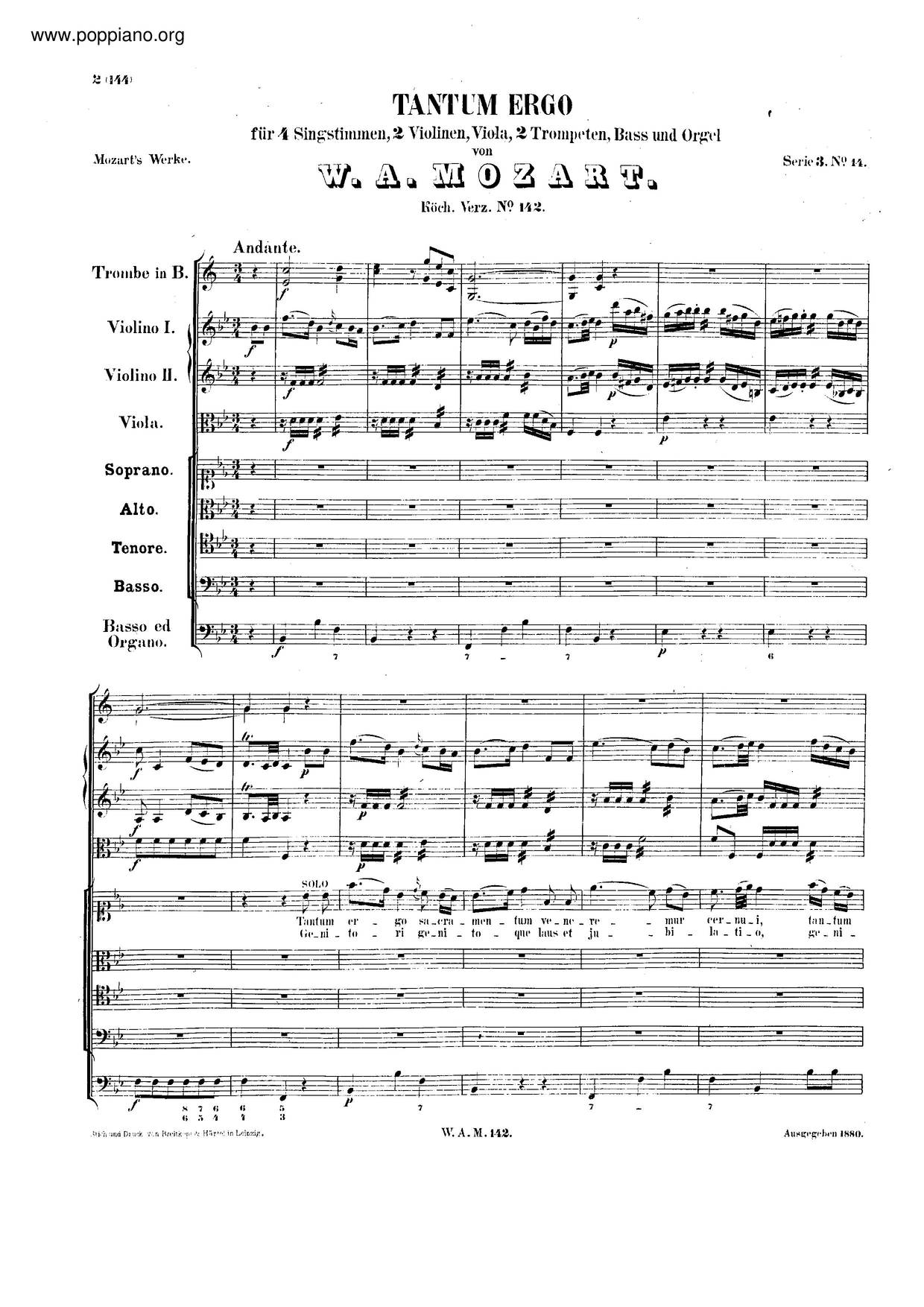 Tantum Ergo In B-Flat Major, K. 142/Anh. C 3.04 Score