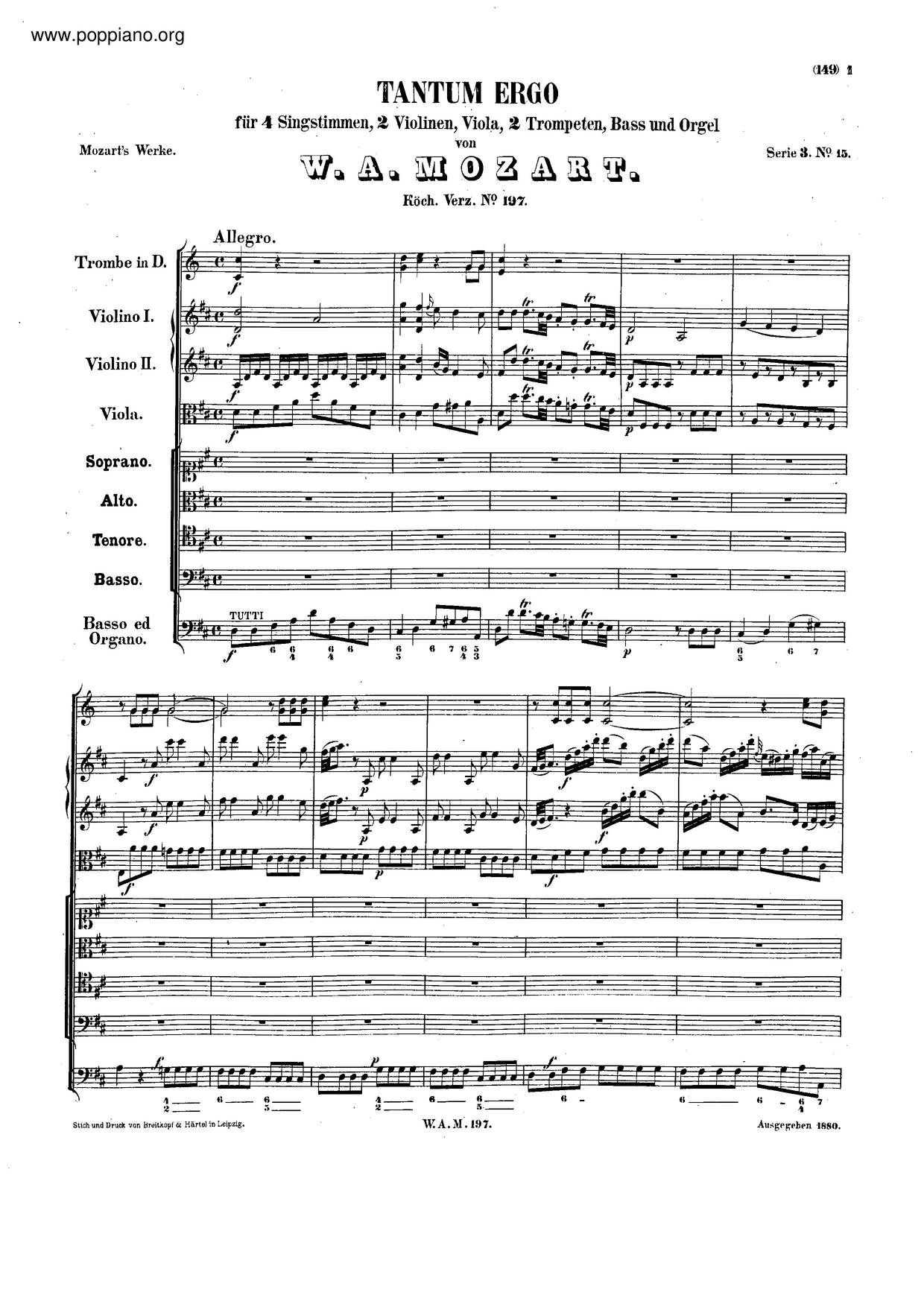 Tantum Ergo In D Major, K. 197/Anh. C 3.05ピアノ譜