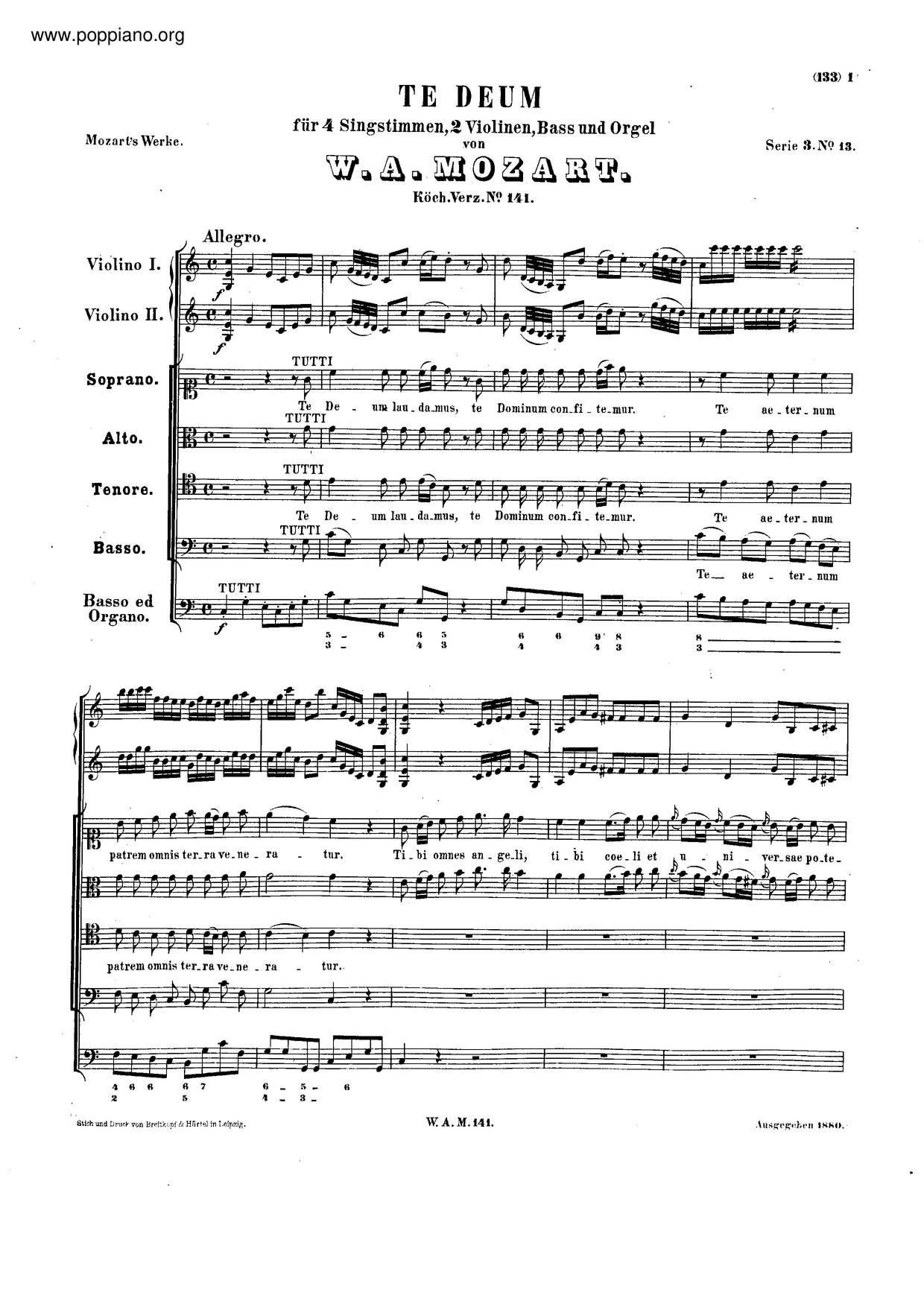 Te Deum In C Major, K. 141/66Bピアノ譜