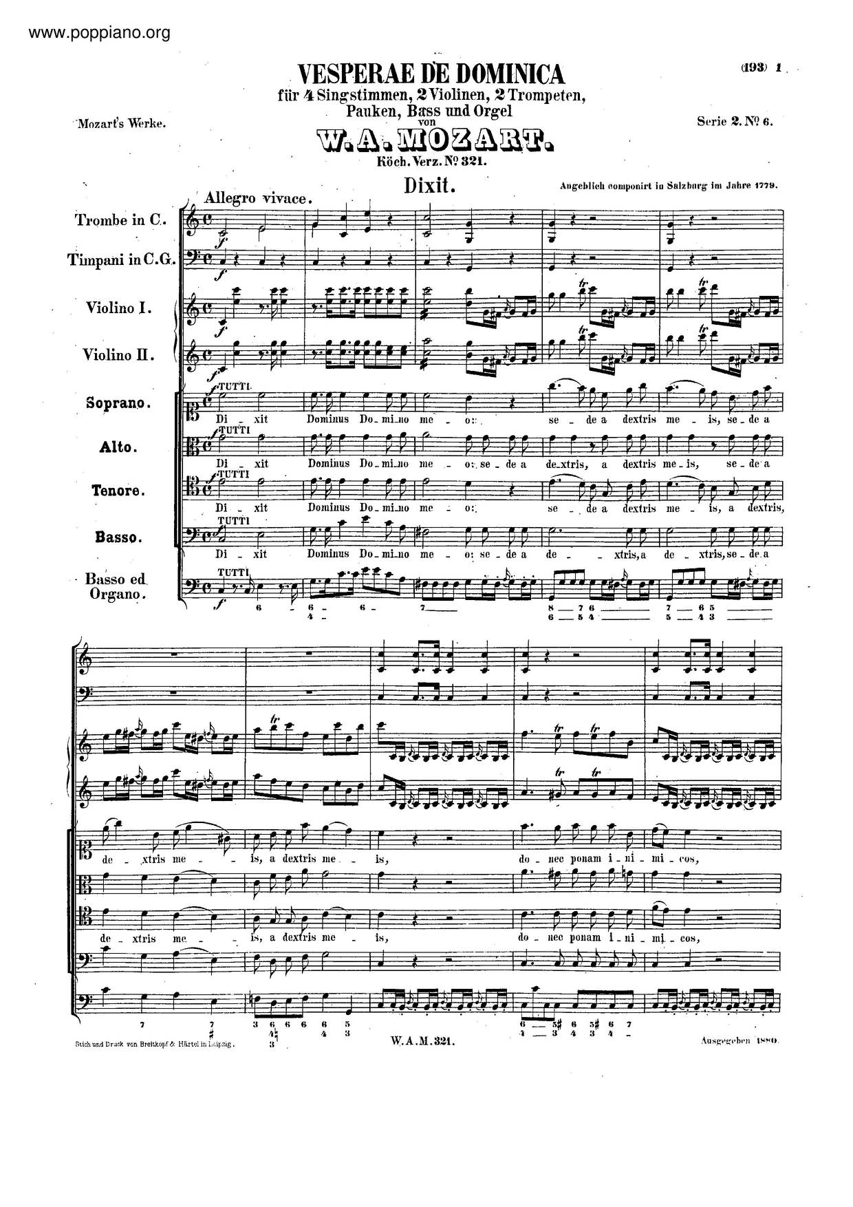 Vesperae De Dominica, K. 321琴譜