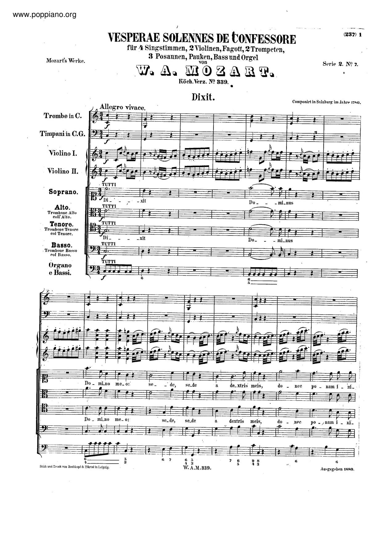 Vesperae Solennes De Confessore, K. 339ピアノ譜