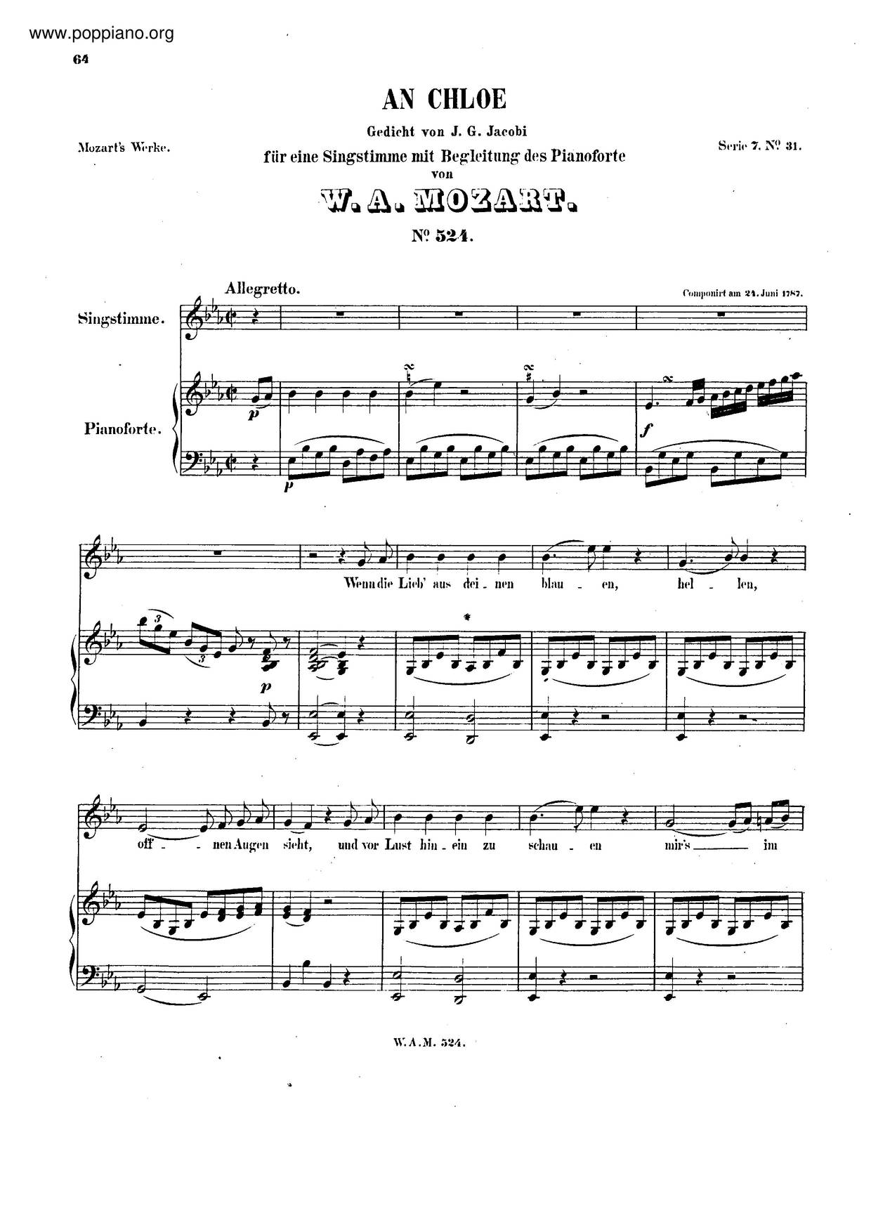 An Chloe, K. 524ピアノ譜