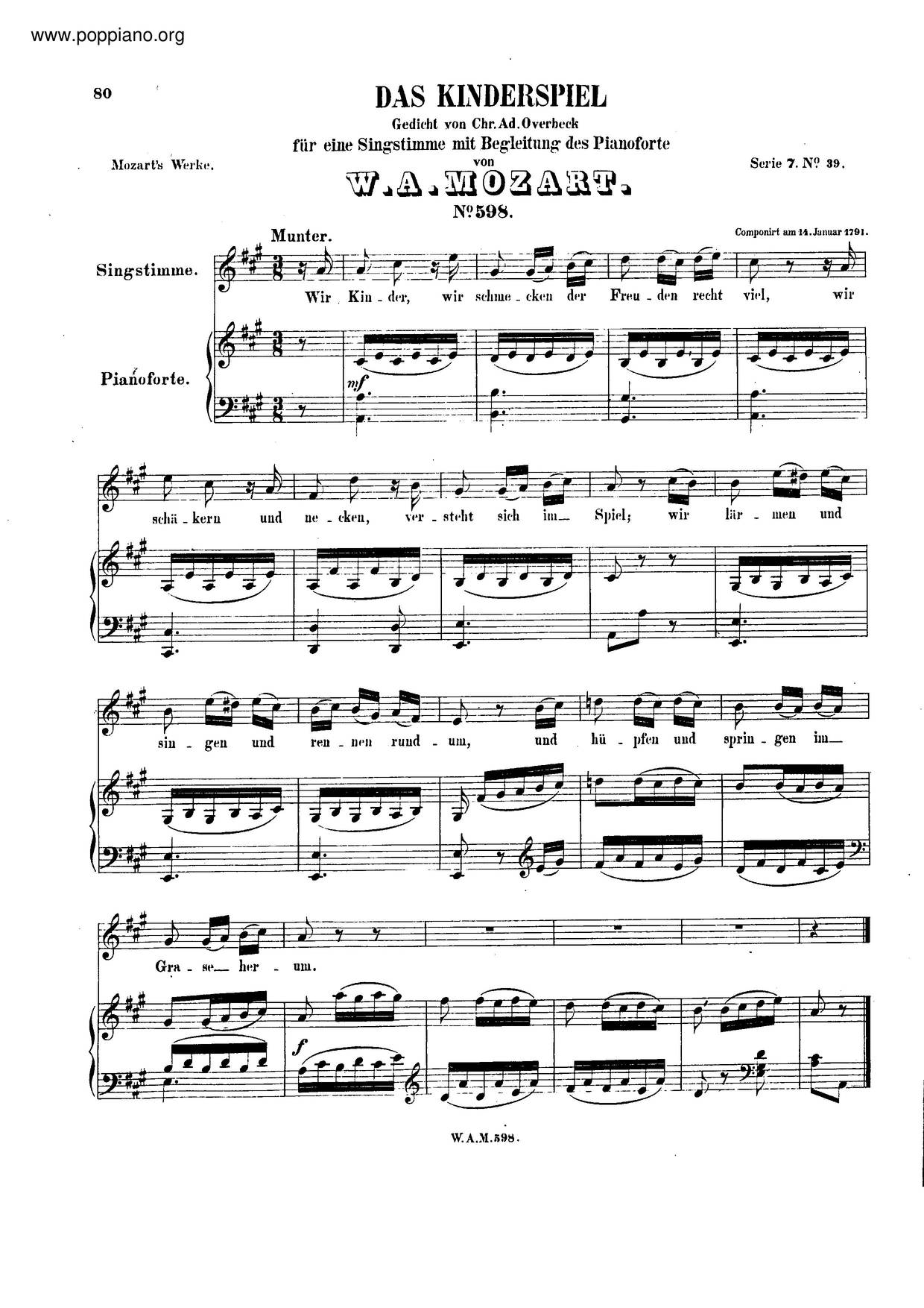 Das Kinderspiel, K. 598ピアノ譜