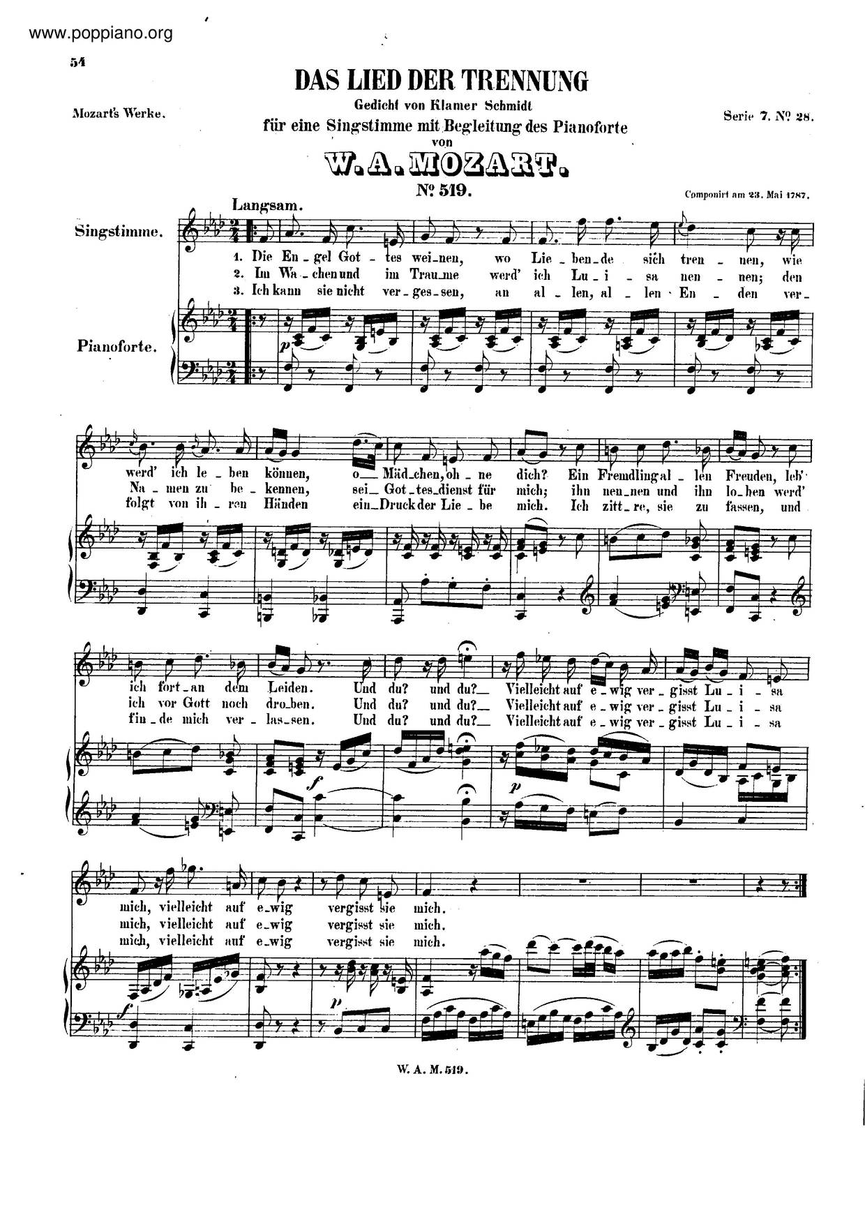 Das Lied Der Trennung, K. 519ピアノ譜