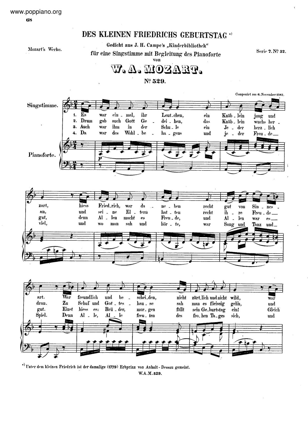 Des Kleinen Friedrichs Geburtstag, K. 529ピアノ譜