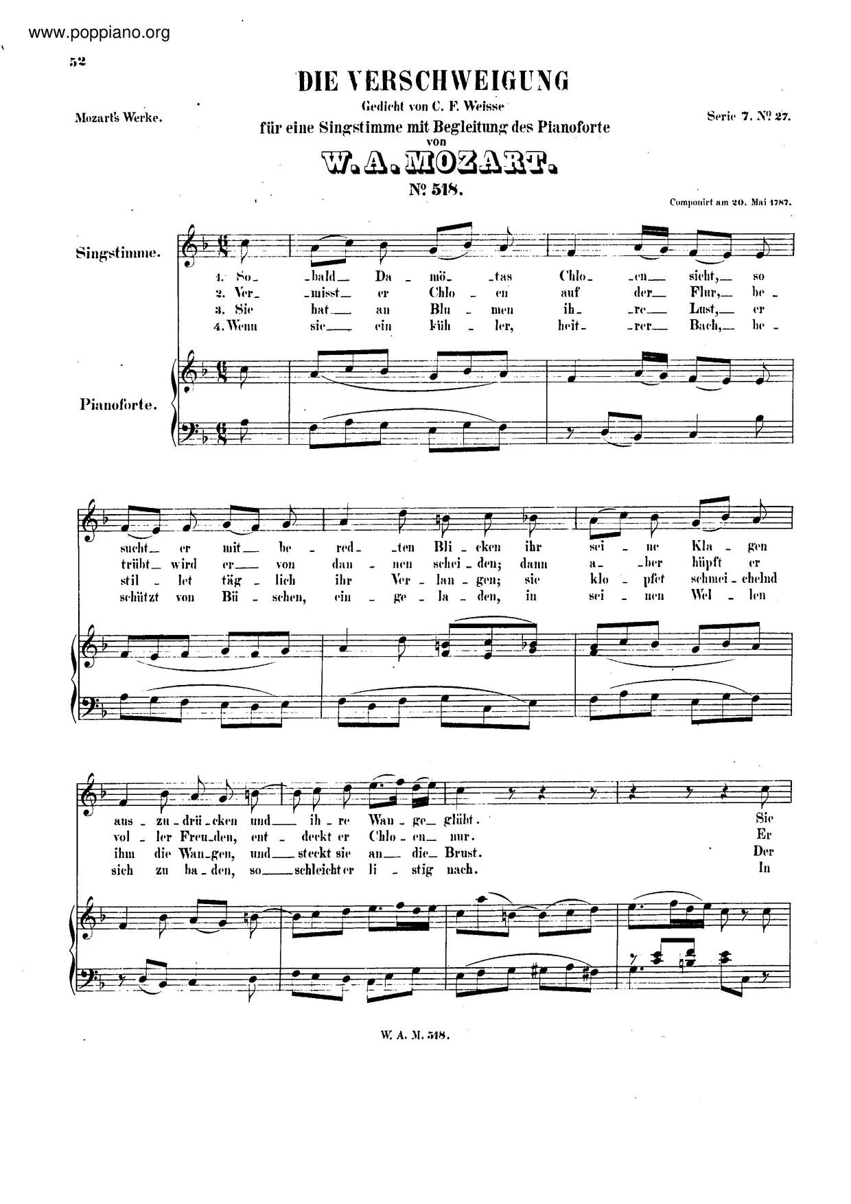 Die Verschweigung, K. 518ピアノ譜